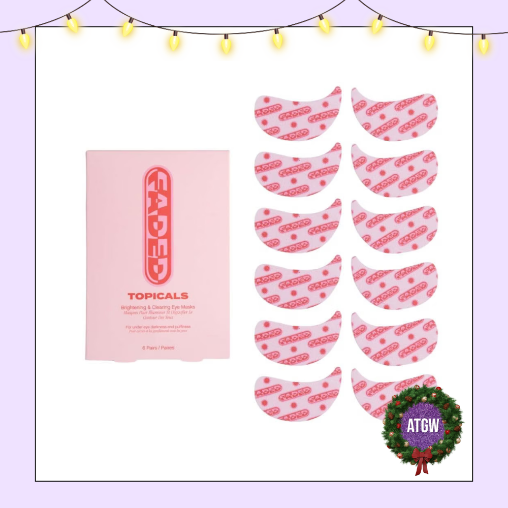 Topicals Faded Brightening and Clearing Eye Masks pink box pictured alongside six pairs of patterned pink under-eye patches.