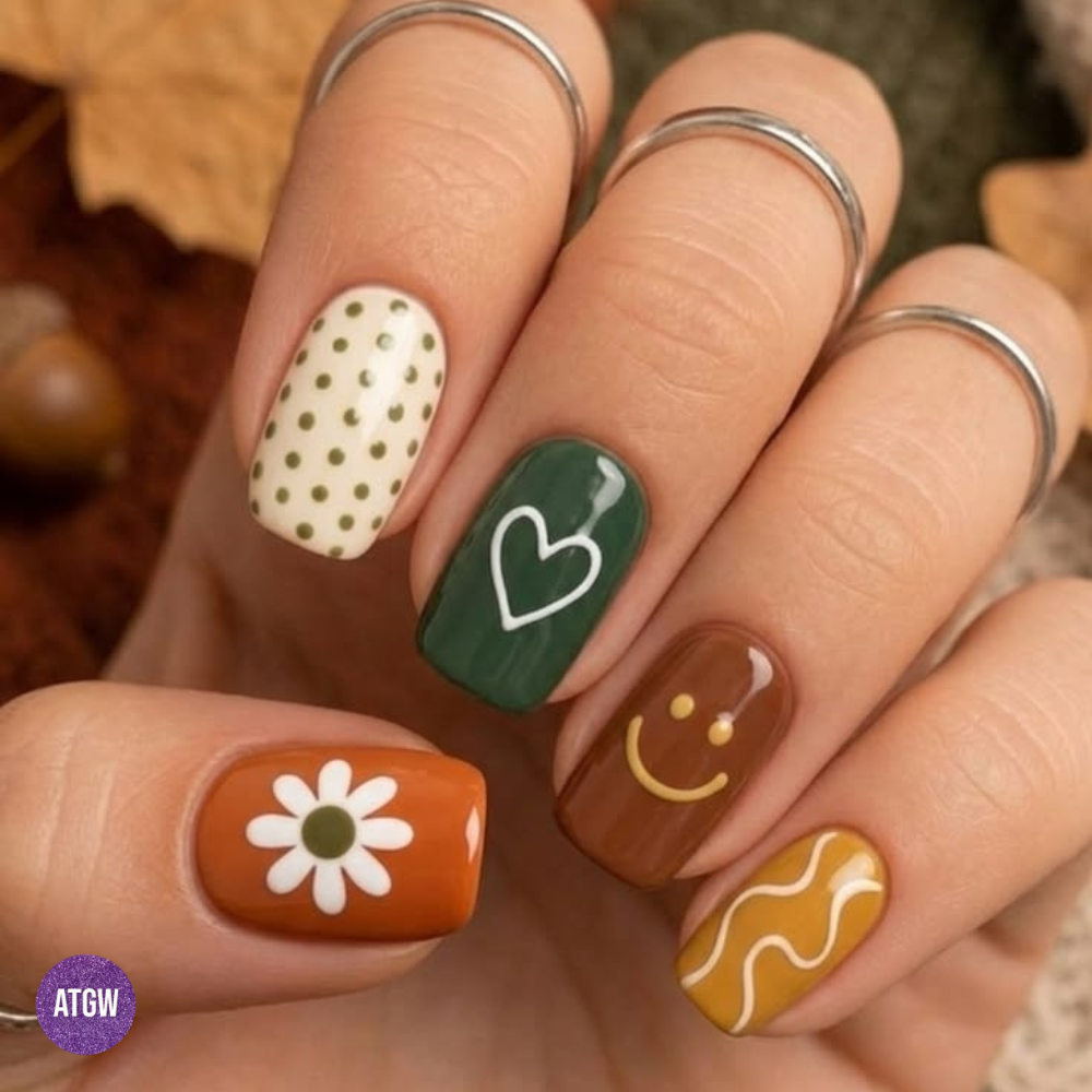 Fall nail design featuring smiley faces, daisies, polka dots, and whimsical hearts in warm fall hues.
