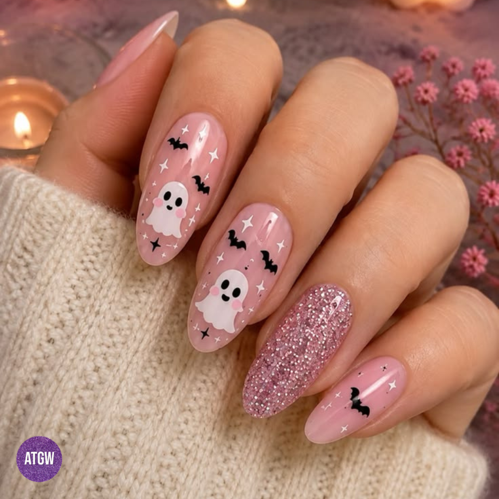 Girly Halloween nails featuring ultra-glam pink glitter paired with adorable white ghosts and tiny bats, capturing the ultimate fun, playful Halloween costume energy.