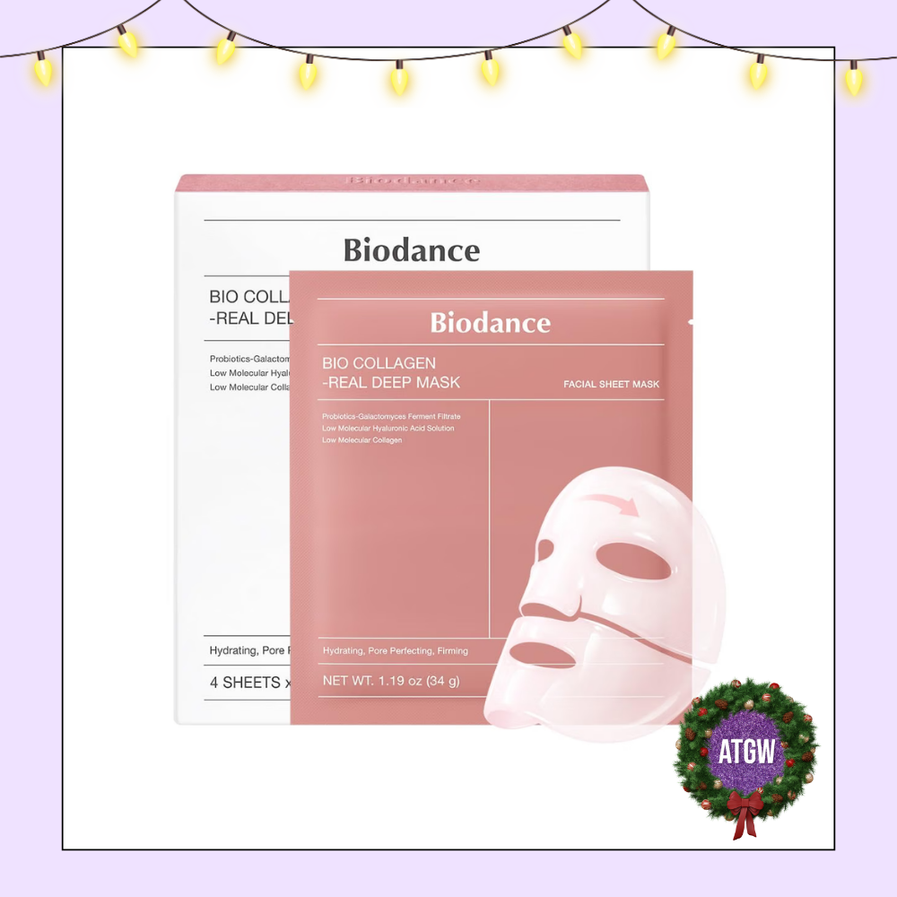 Biodance Bio-Collagen Real Deep Mask packet and product box displayed alongside a two-piece clear hydrogel face mask.