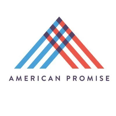 Logo with overlapping checkered triangle shapes in blue and red, with the text 'AMERICAN PROMISE' below.