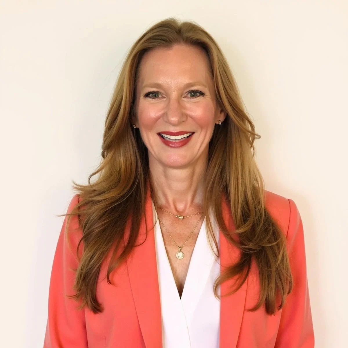 A woman with long red hair smiling, wearing a coral blazer over a white top, against a plain light background.