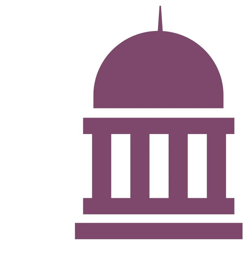 Icon of a government or institutional building with a dome and columns, in purple.