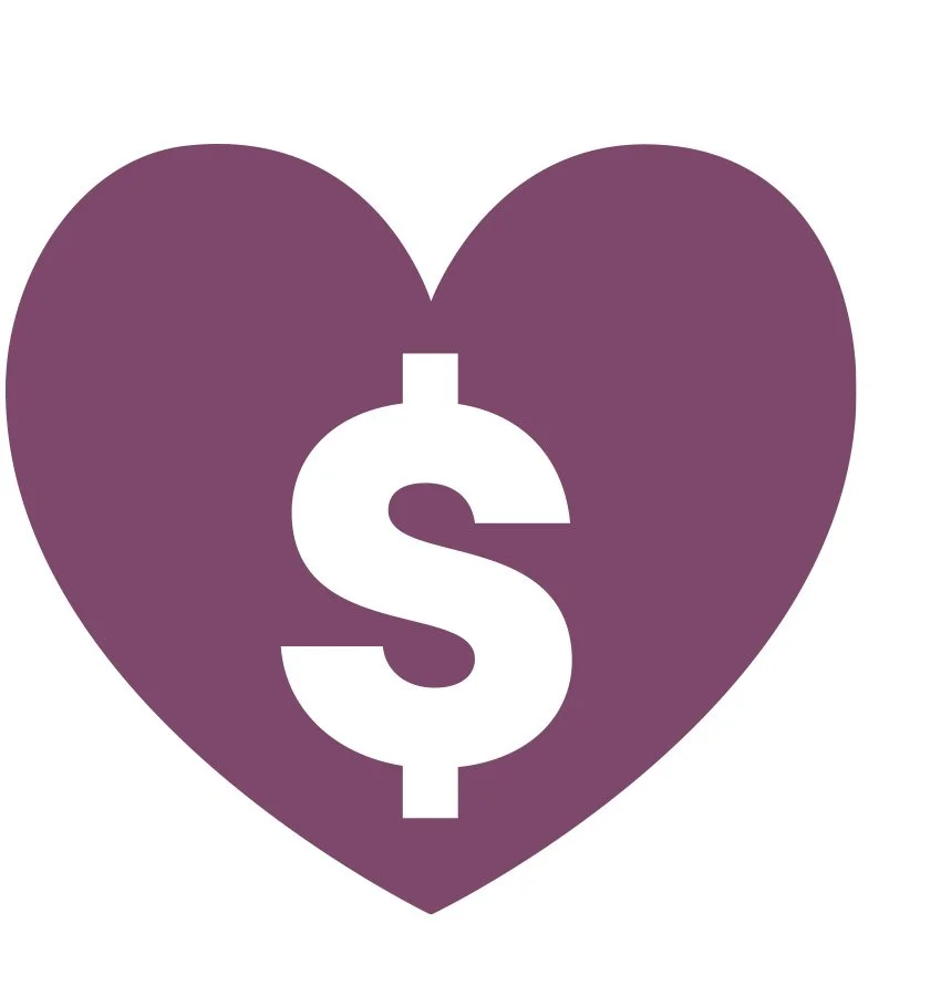 Purple heart with a white dollar sign in the center.