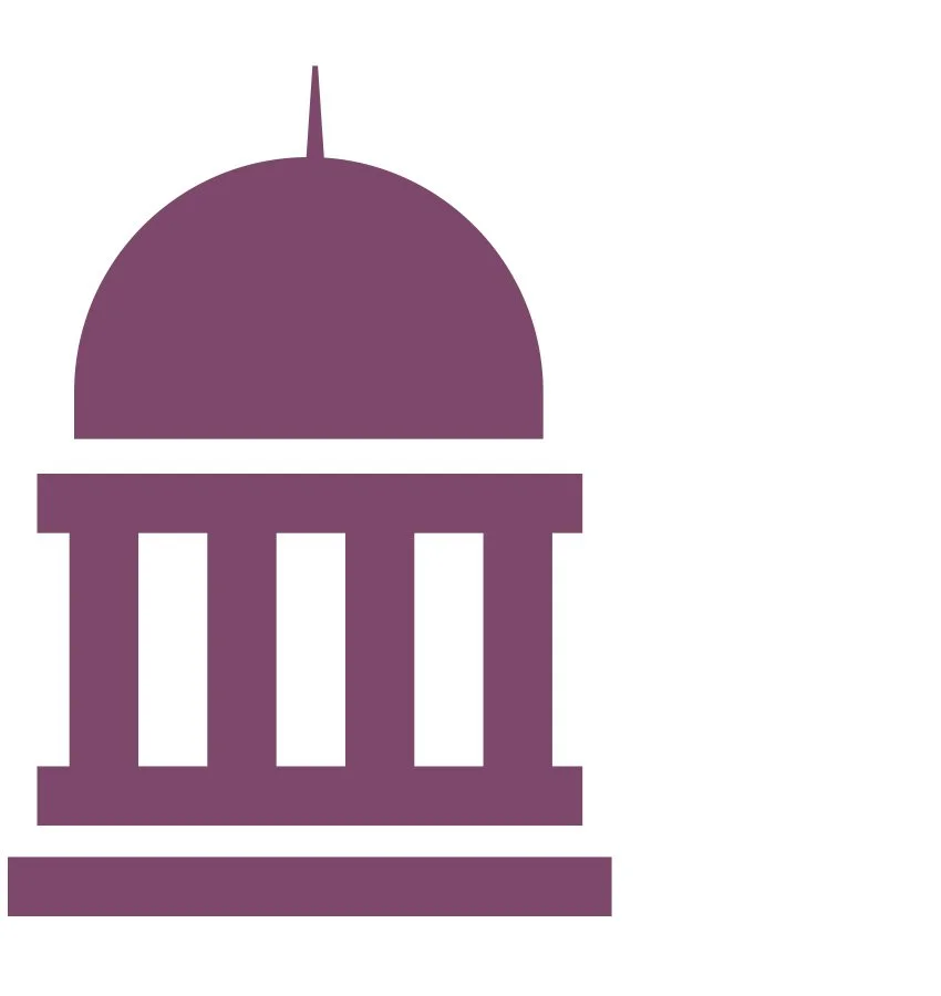 Icon of a government building or capitol with a dome and columns, in purple.