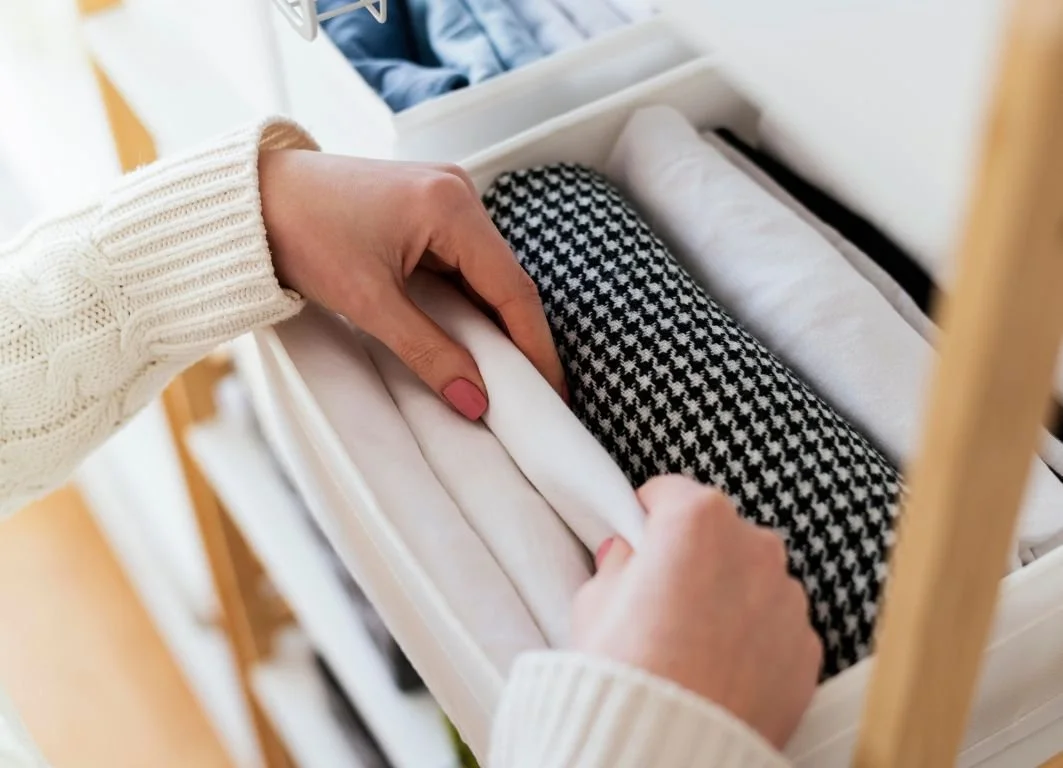Hände ordnen sorgfältig gefaltete Kleidung in einer Schublade – Symbol für Struktur, Achtsamkeit und Leichtigkeit durch Ordnung im Alltag