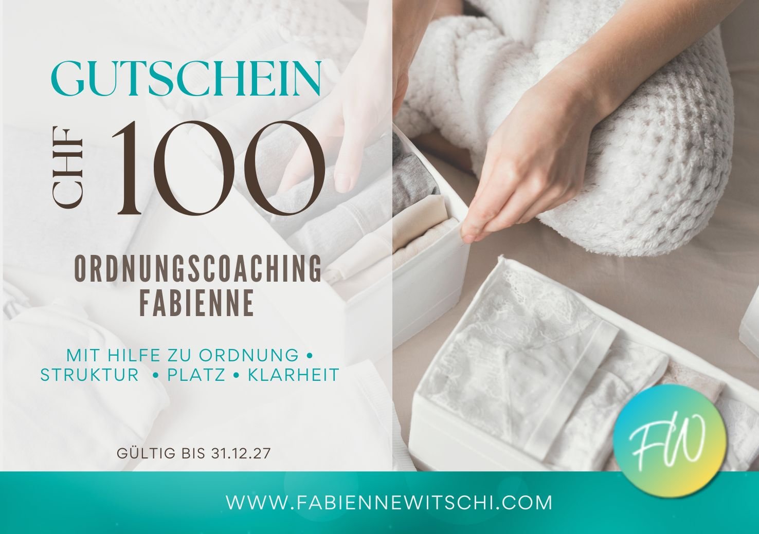 Geschenkgutschein für ein Ordnungscoaching bei Fabienne Witschi – verschenke Unterstützung beim Aufräumen, Strukturieren und Klarheit schaffen im Zuhause.