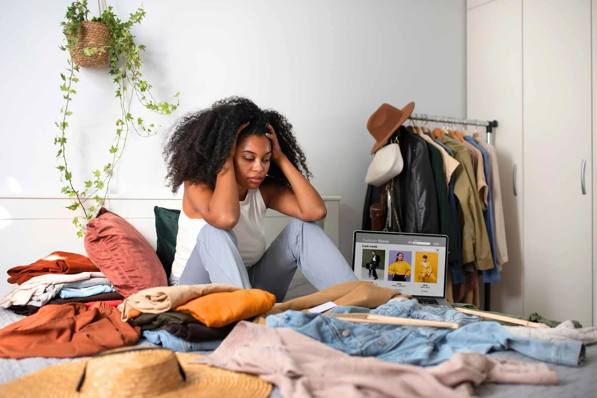 Frau sitzt zwischen Kleidern und schaut überfordert – Symbol für Chaos und den Wunsch nach Veränderung.