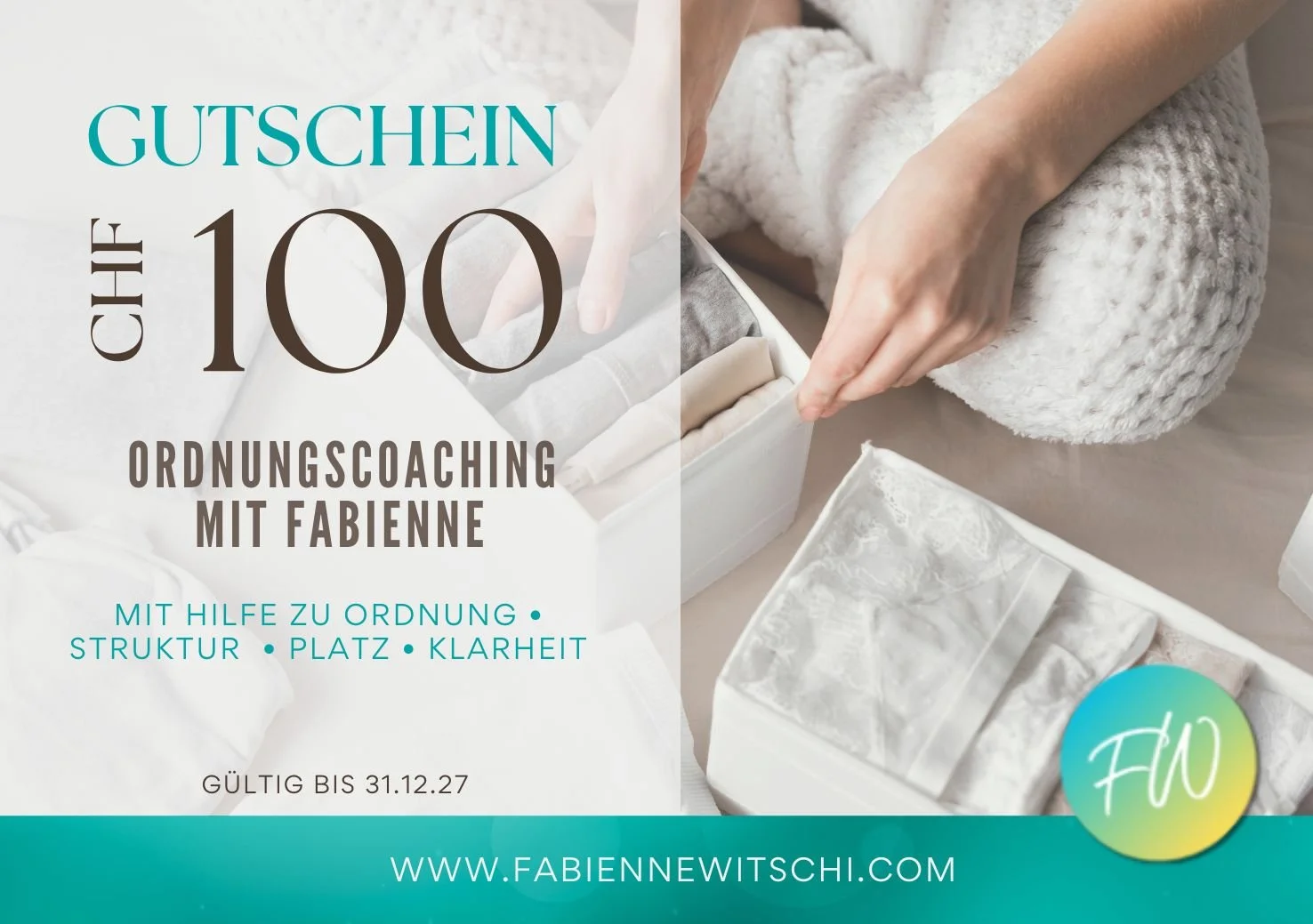 Geschenkgutschein für eine Ordnungsbegleitung bei Fabienne Witschi – verschenke Unterstützung beim Aufräumen, Strukturieren und Klarheit schaffen im Zuhause.