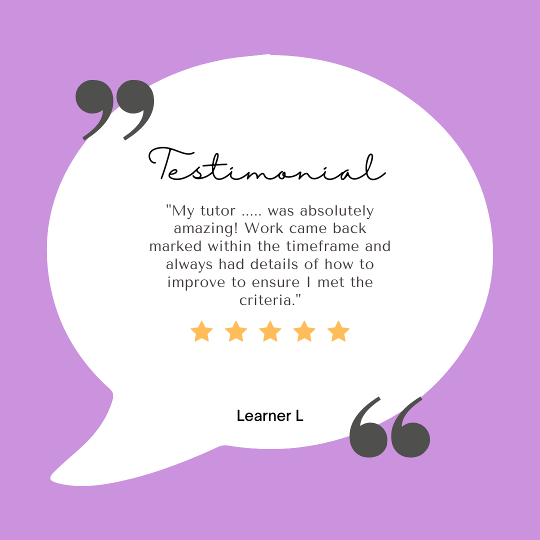 A testimonial quote inside a speech bubble on a purple background. The quote is from Learner L praising their tutor, with five gold stars below the quote.
