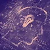 A graphic of a human head silhouette with a light bulb inside, overlaid on a background of digital numbers and code representing technology or ideas.