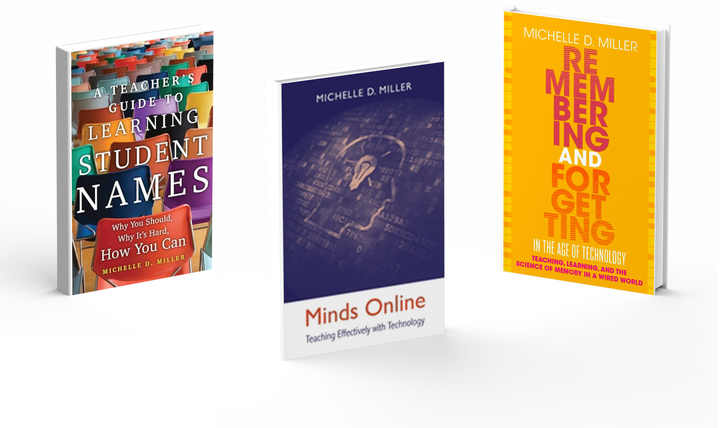 Three books about education and technology standing upright on a white surface. The first book has a colorful cover with chairs and the title "A Teacher's Guide to Learning Student Names" by Michelle D. Miller. The second book has a dark blue cover with digital code and the title "Minds Online" by Michelle Miller. The third book has a bright yellow cover with the title "Remembering and For Getting In" by Michelle D. Miller.