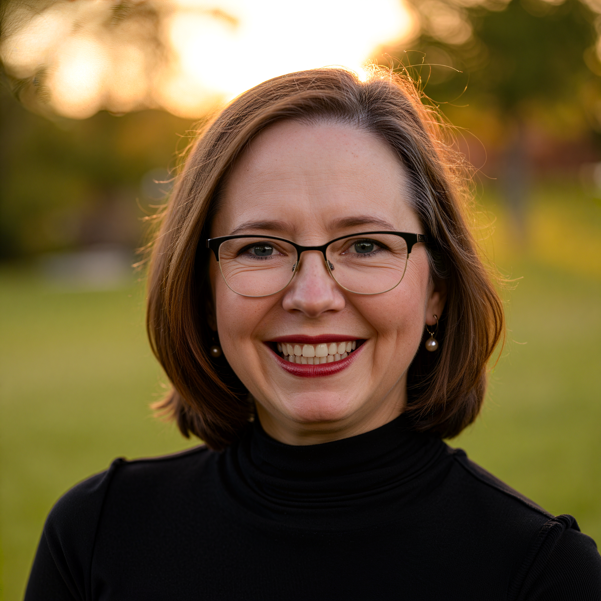 A smiling woman with glasses and pearl earrings outdoors during sunset, wearing a black turtleneck.