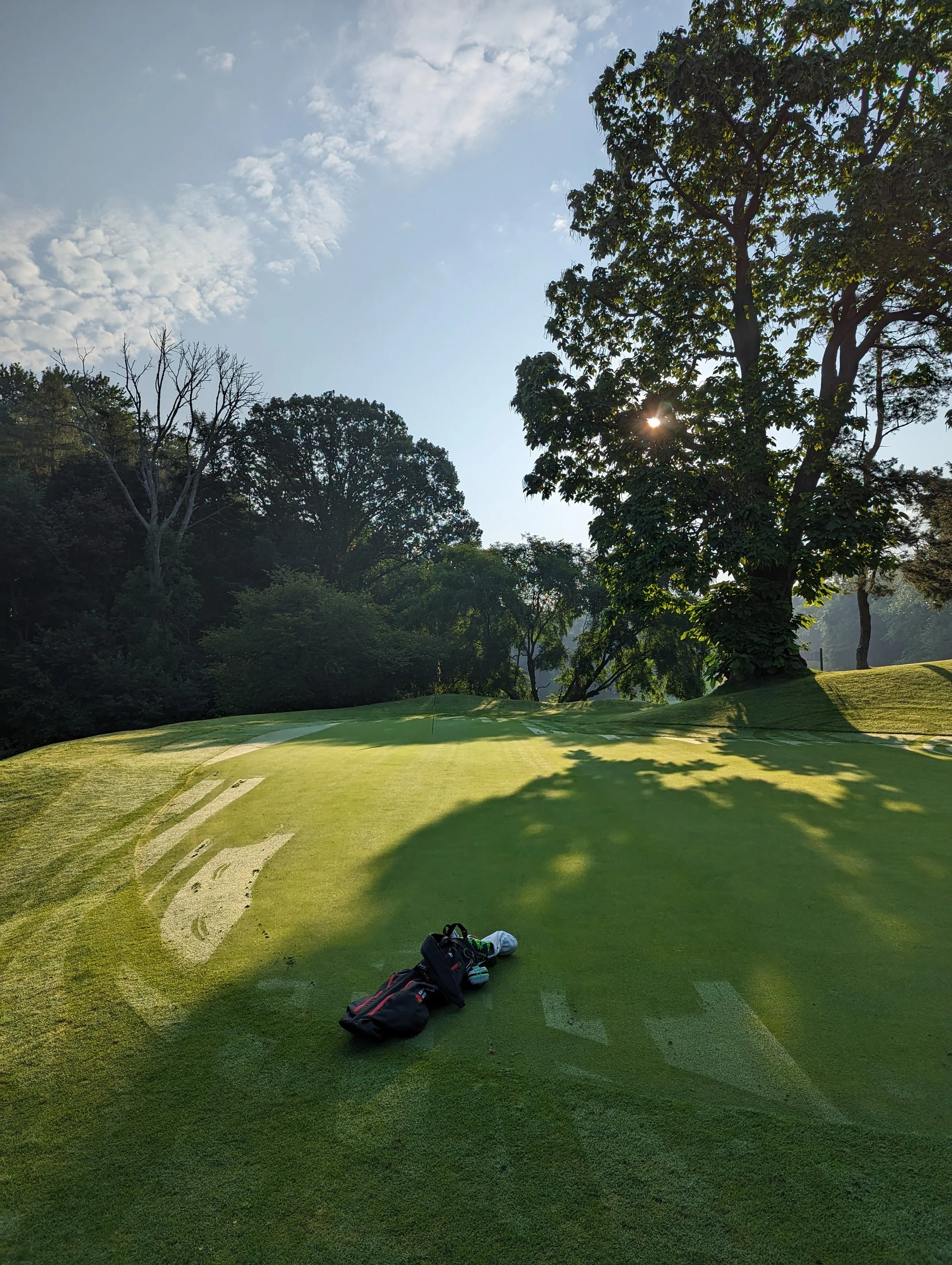 A golf course with a tee box and a golf bag on the grass, surrounded by trees and under a partly cloudy sky.