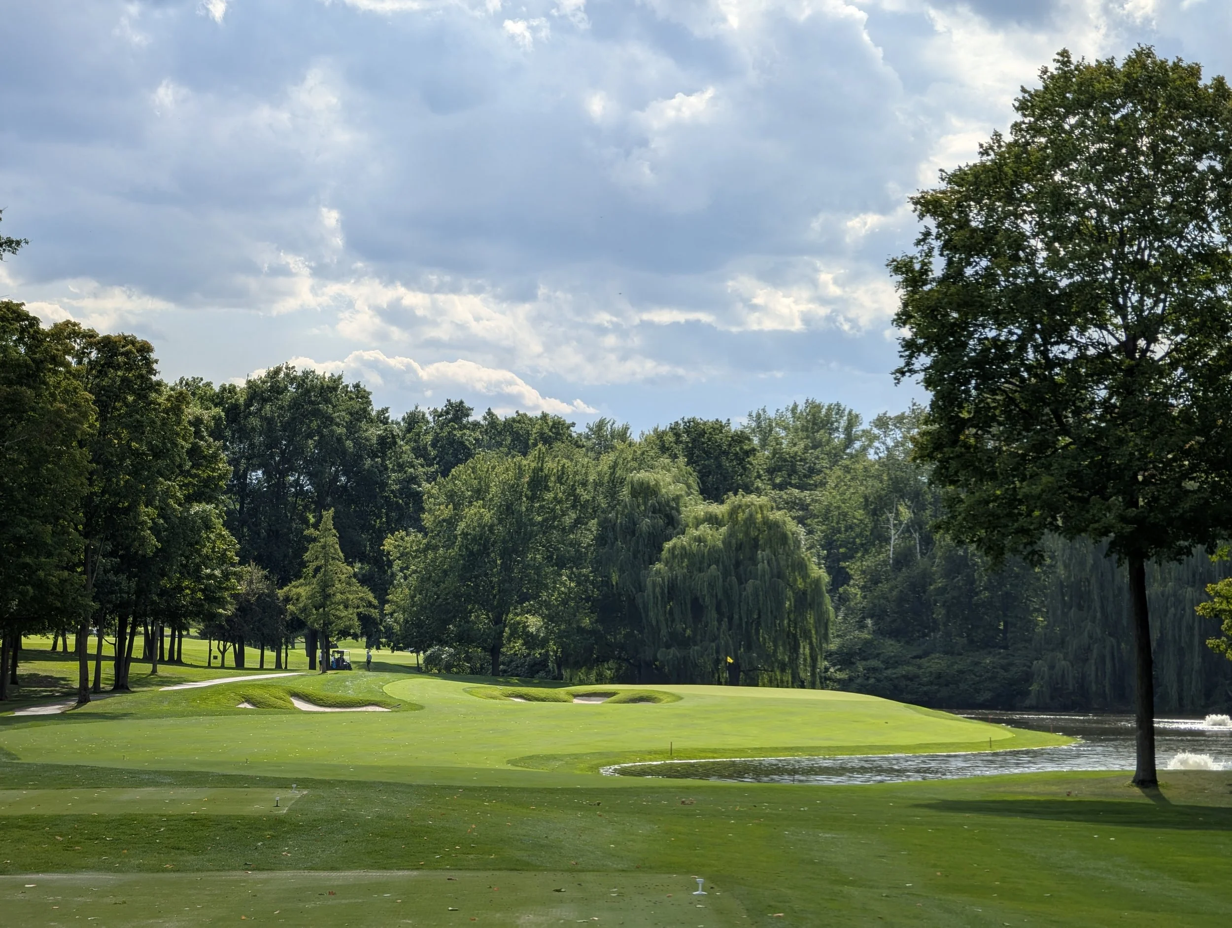 A scenic view of a golf course with well-maintained green grass, sand bunkers, and a water hazard. Tall trees line the course under a partly cloudy sky.