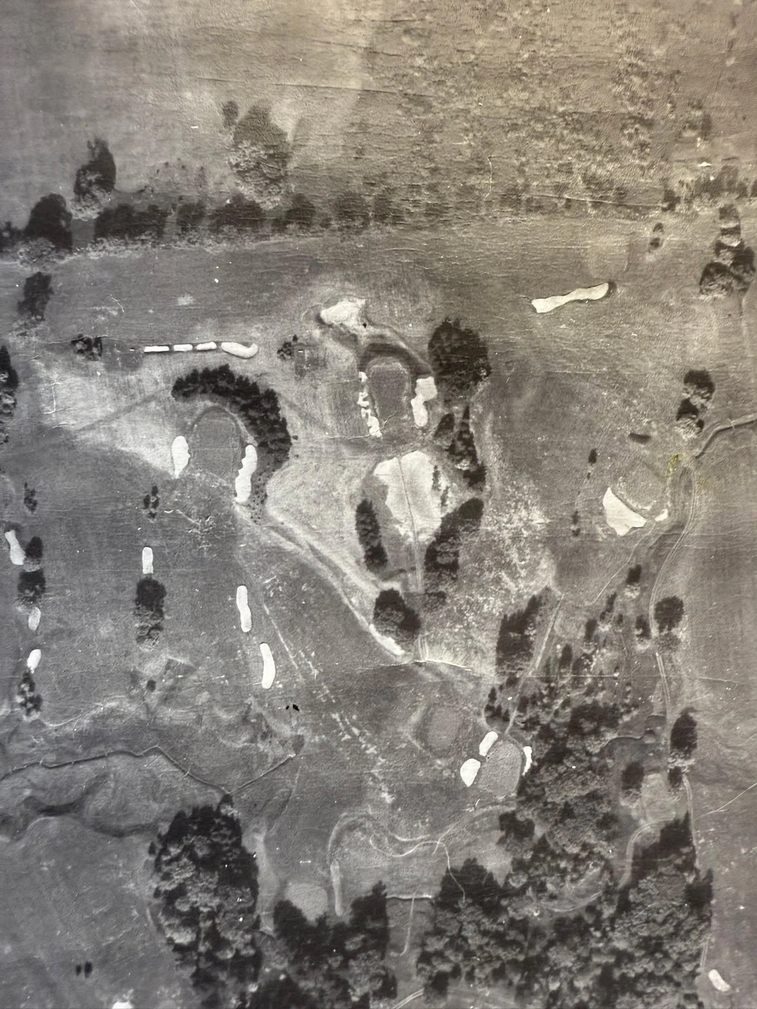 Aerial view of a large circular area with various pathways, trees, and open spaces, possibly a park or a golf course.