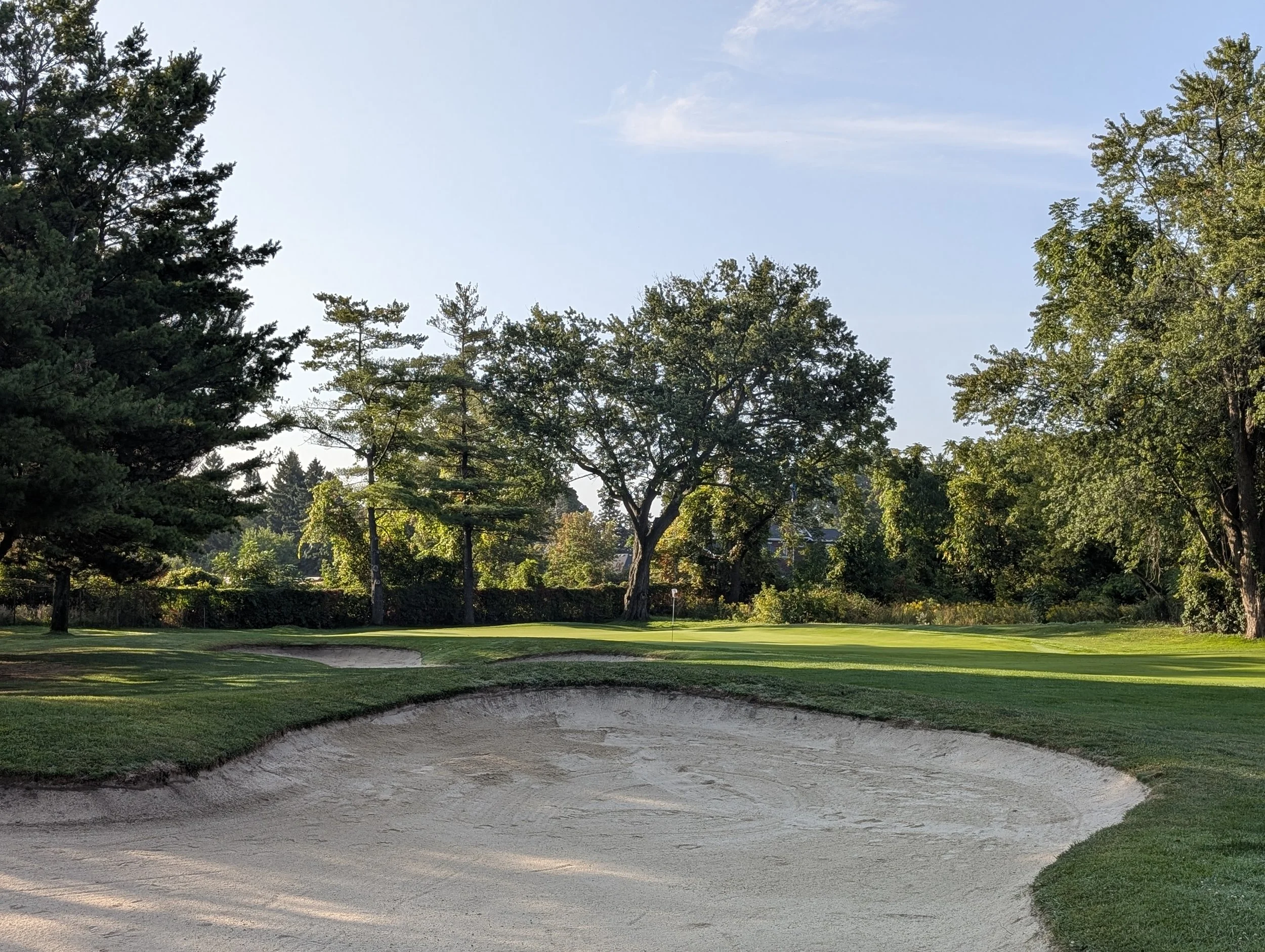 A golf course with a green and a sand bunker in the foreground, surrounded by trees under a clear sky.