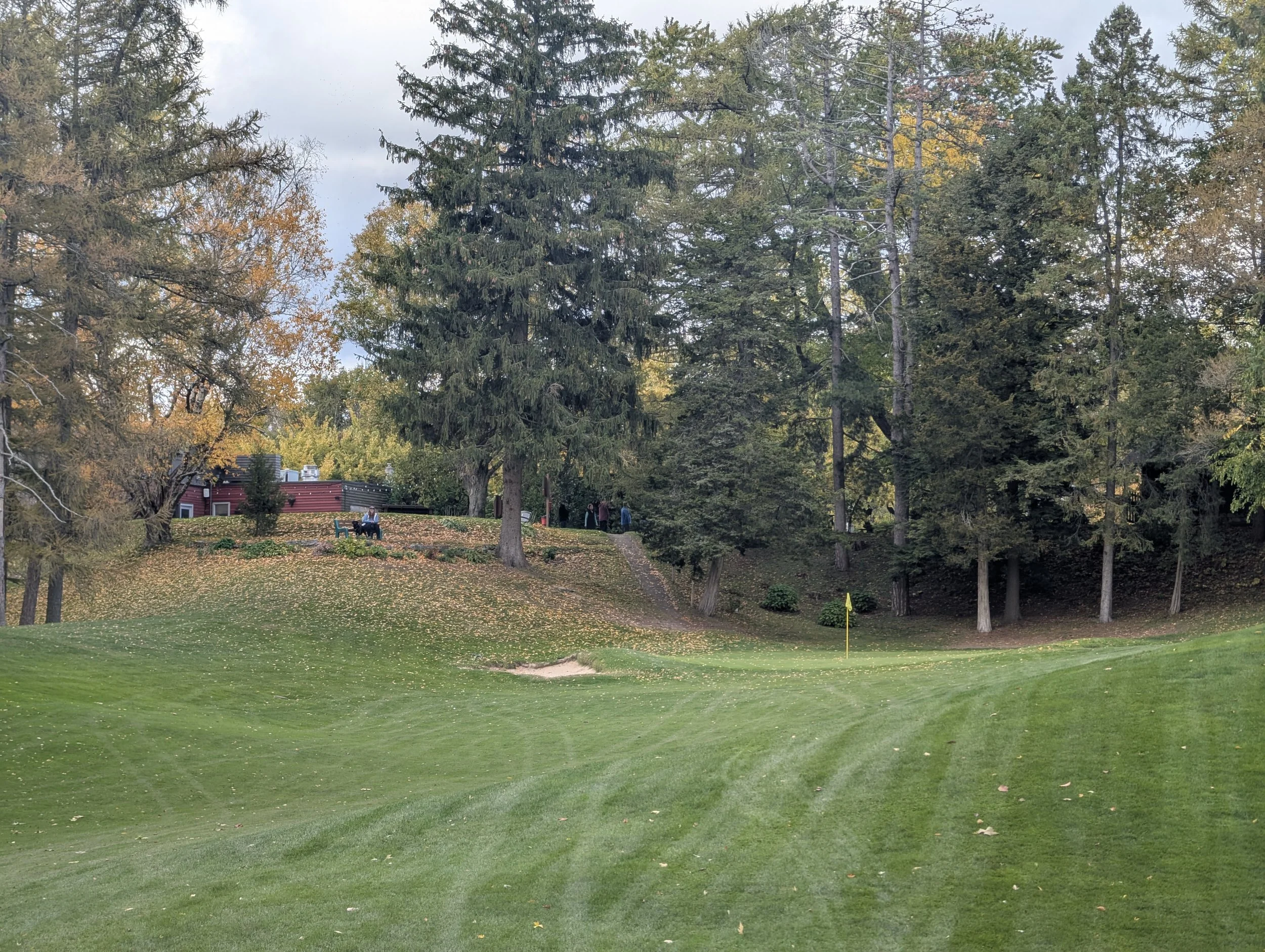 A scenic view of a golf course with well-maintained green grass, a small sand bunker on the left, a yellow golf flag on the right, and a wooded area with tall trees in the background. There is a bench with a person sitting on it and a few people walk