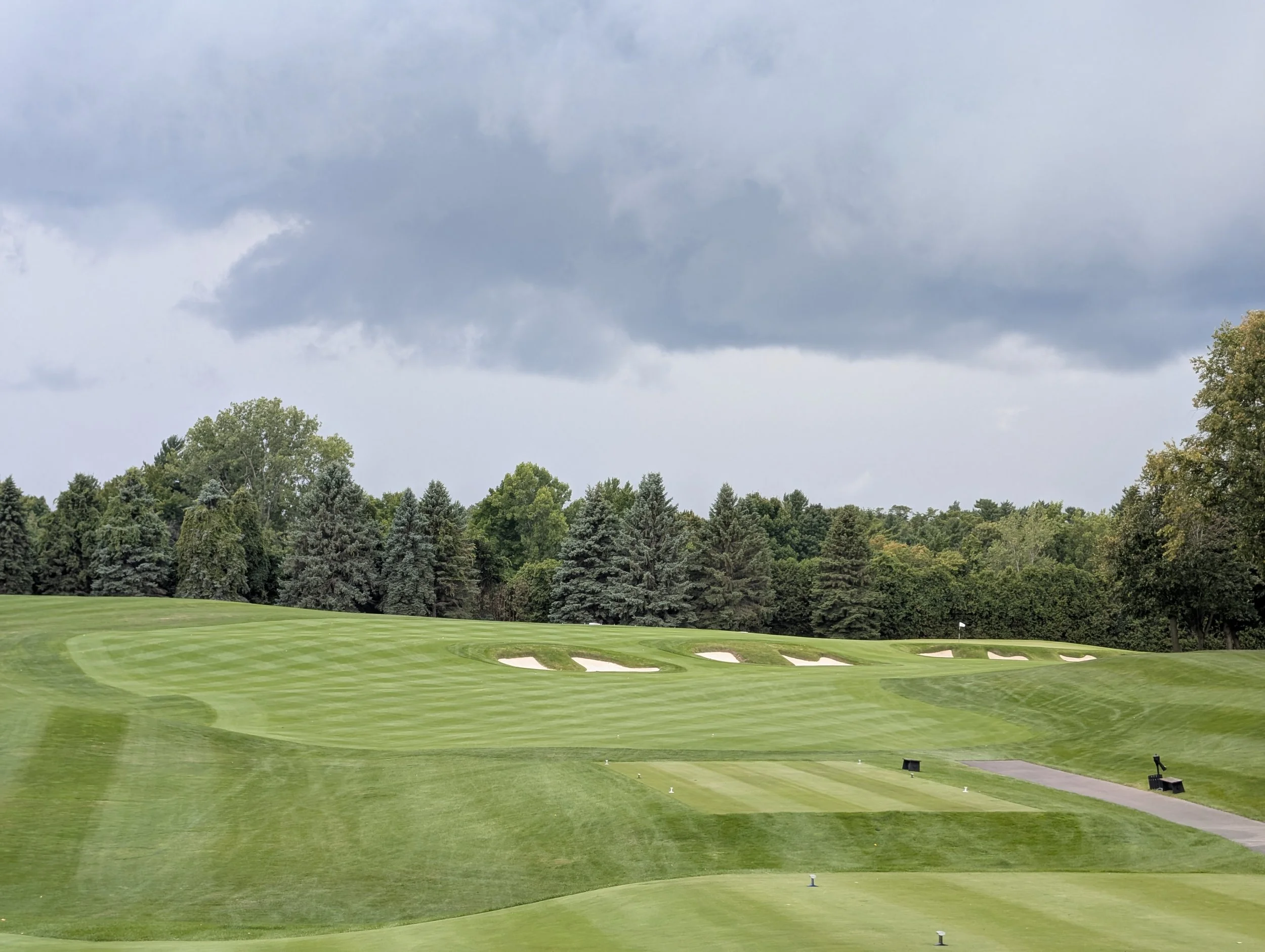 A golf course with well-maintained green grass, sand bunkers, a flag, and tall trees under a cloudy sky.