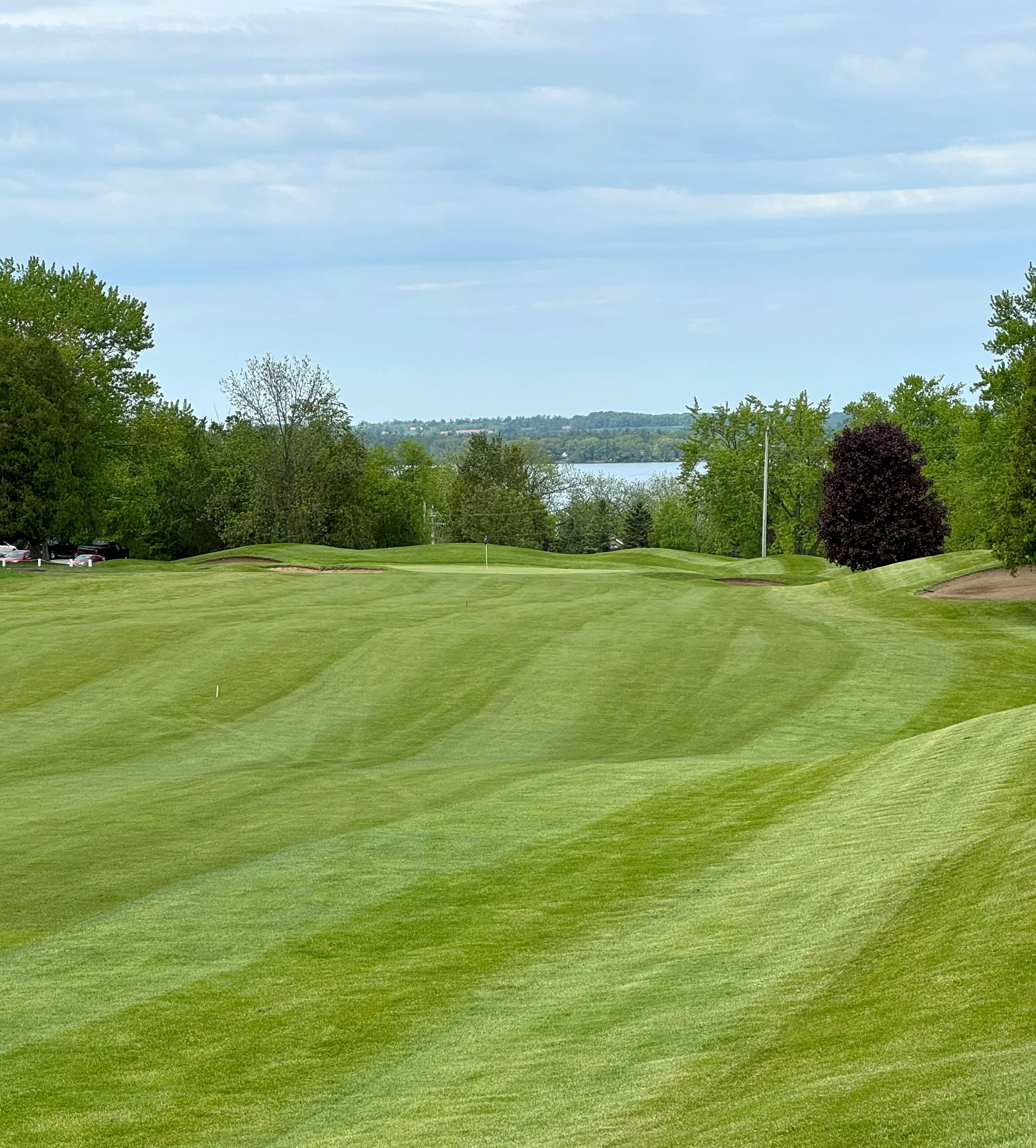 A scenic view of a golf course with neatly mowed greens, trees lining the fairway, and a body of water in the distance under a partly cloudy sky.