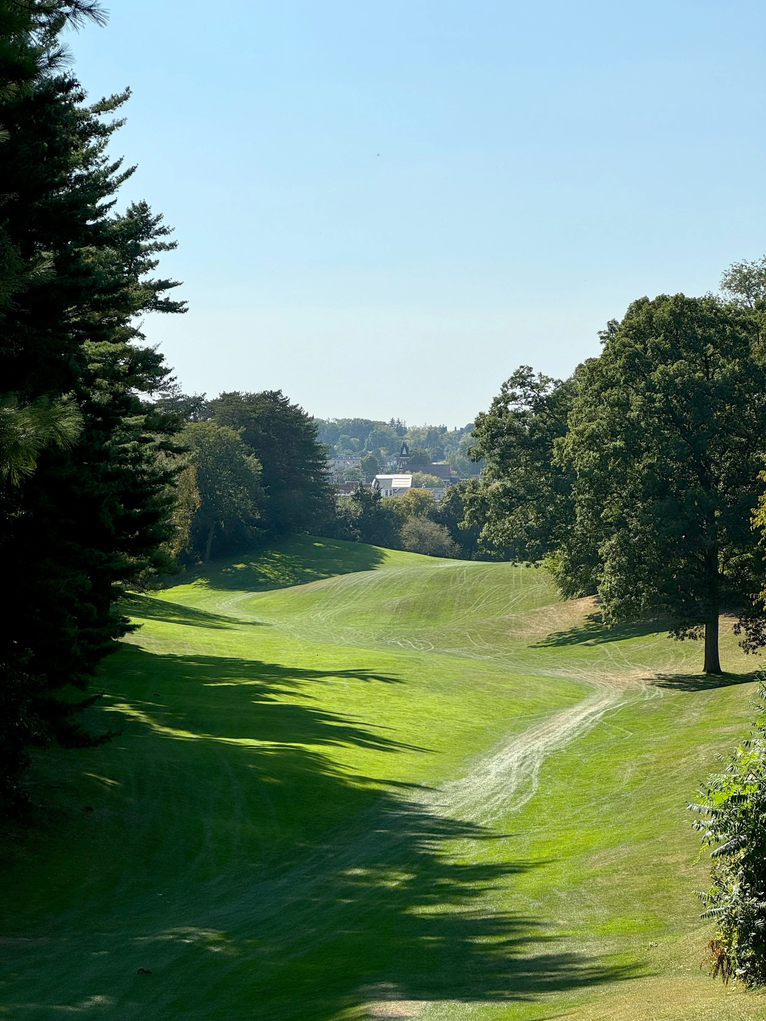 A golf course with green grass, trees lining the fairway, and a clear blue sky.