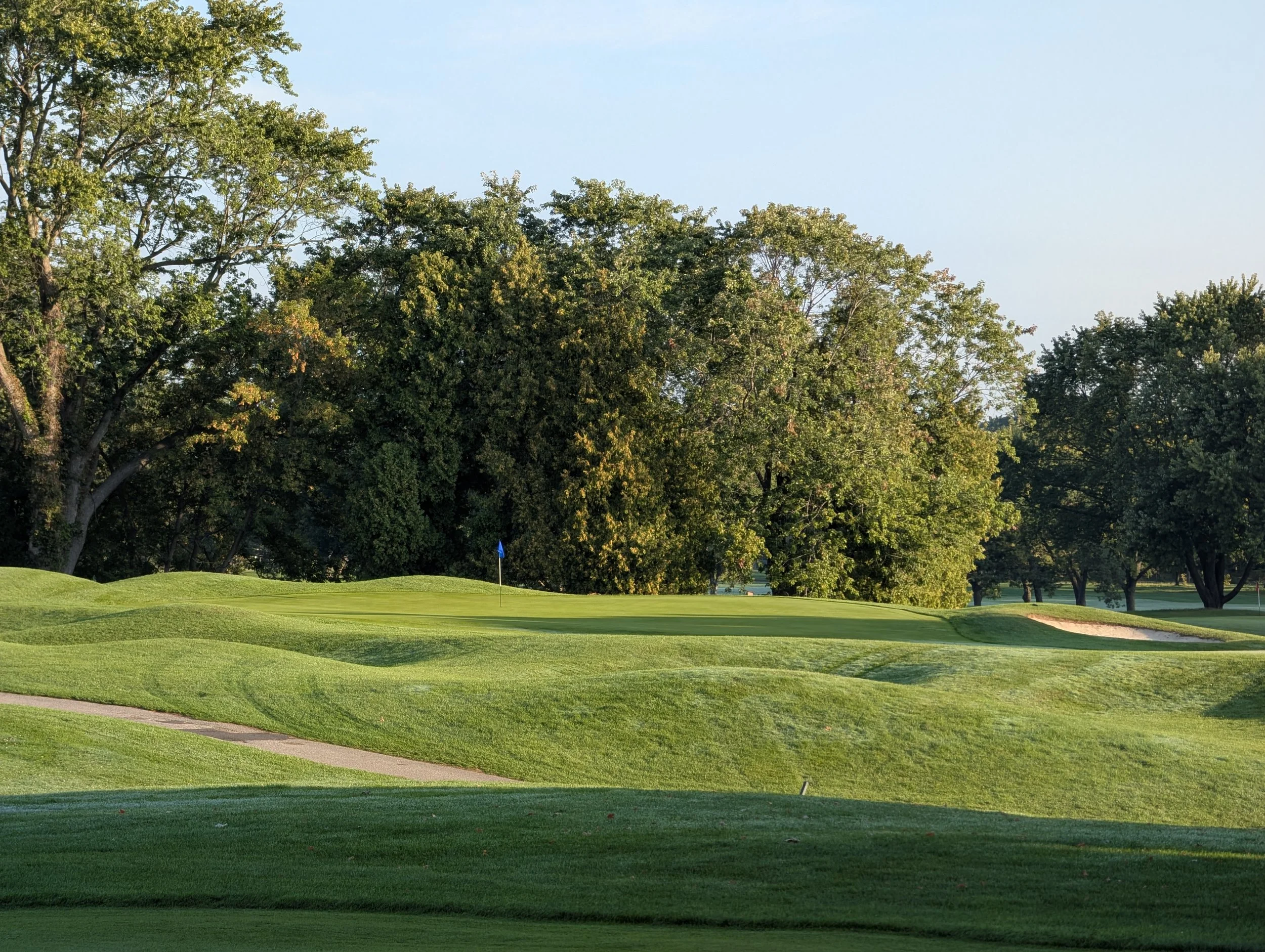 A scenic view of a golf course with lush green grass, sand bunkers, a blue flag on the putting green, and tall trees in the background under a clear blue sky.