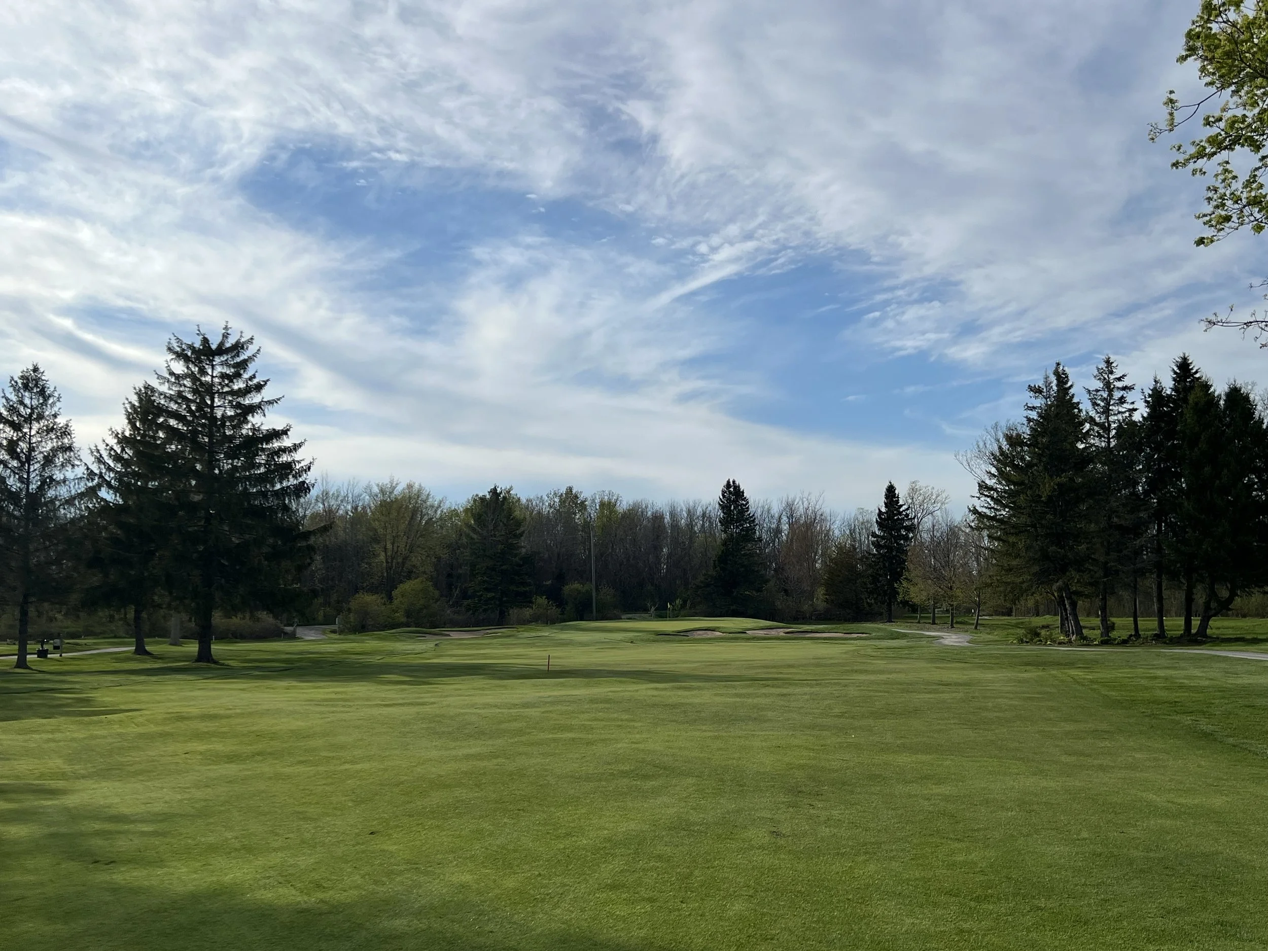 A golf course with a green, a flag, and sand bunkers, surrounded by tall trees.