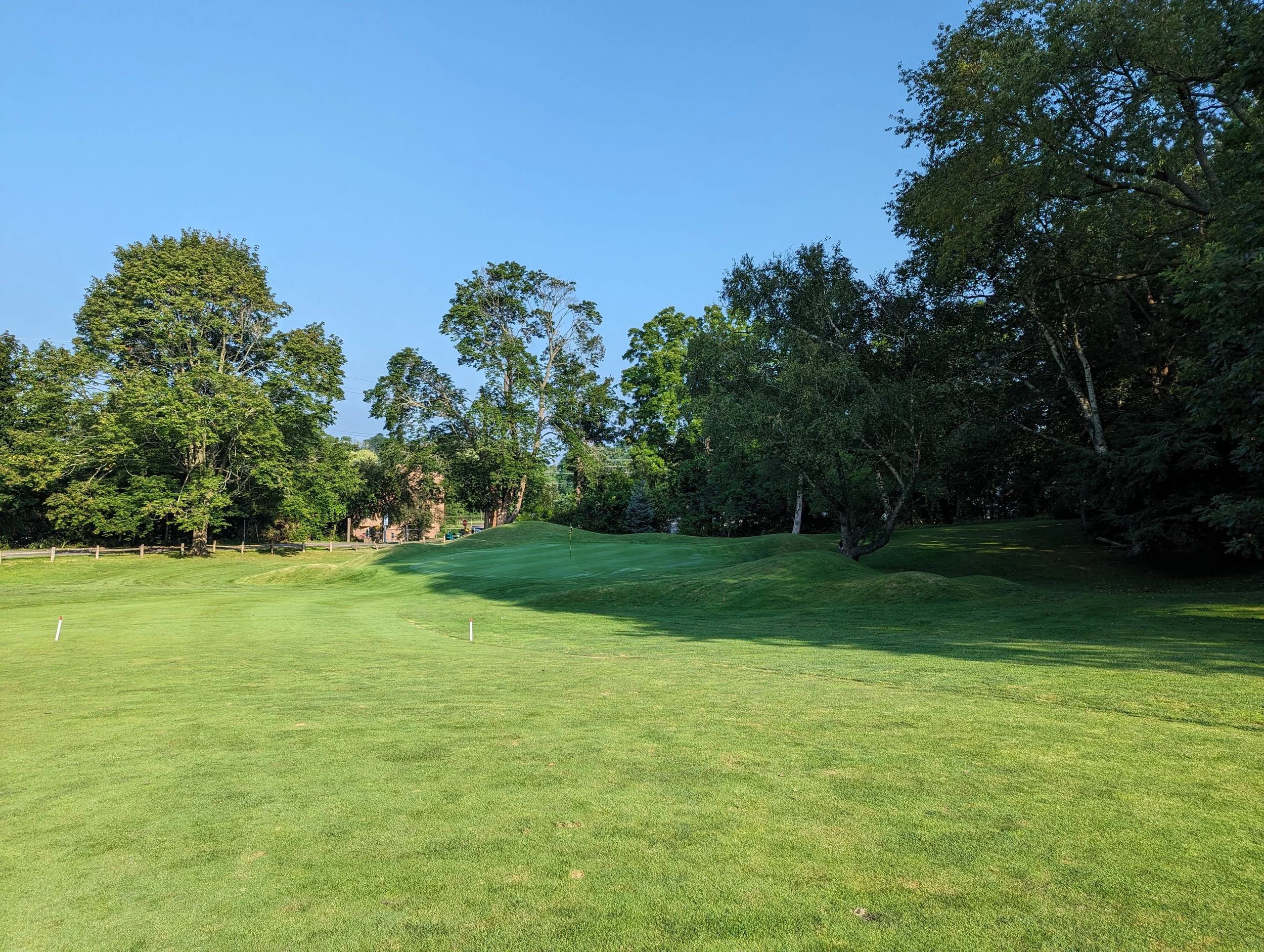 A golf course fairway with a green surrounded by trees under a clear blue sky.