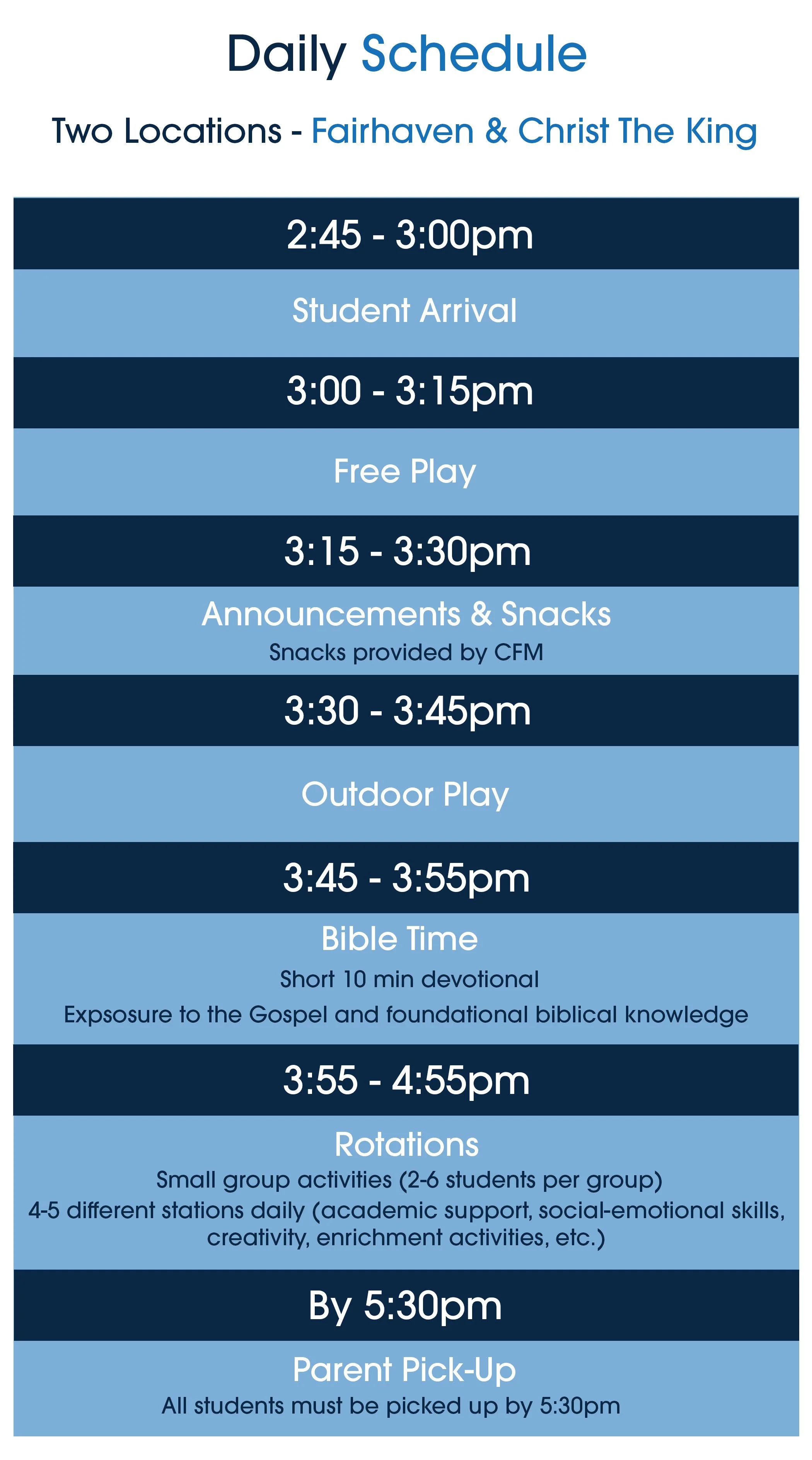 Cornerstone Family MInistries After School Enrichment Daily Schedule