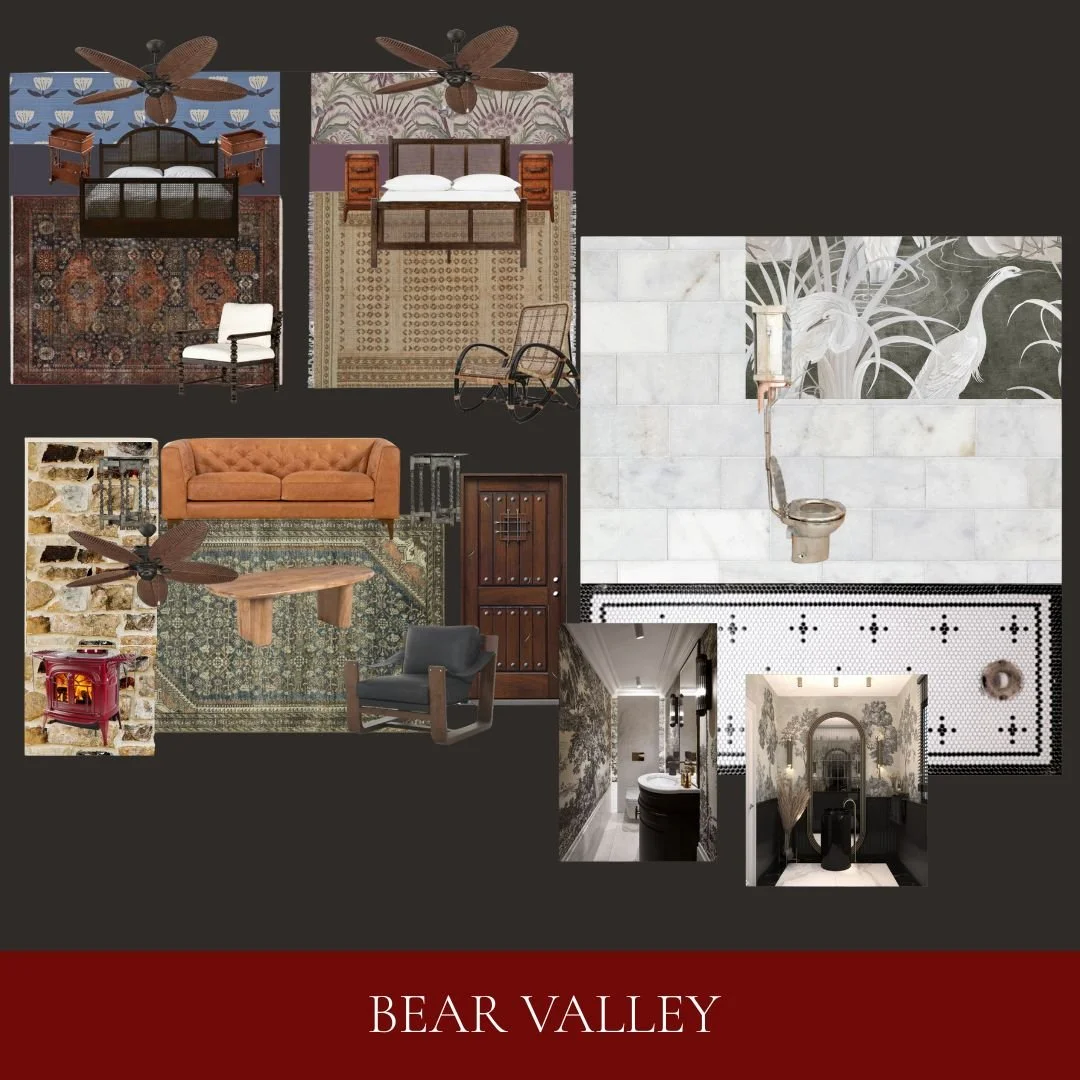 Collage of interior design elements for Bear Valley, including various bedrooms, living room furniture, a bathroom, and hallway decor with nature and vintage themes.