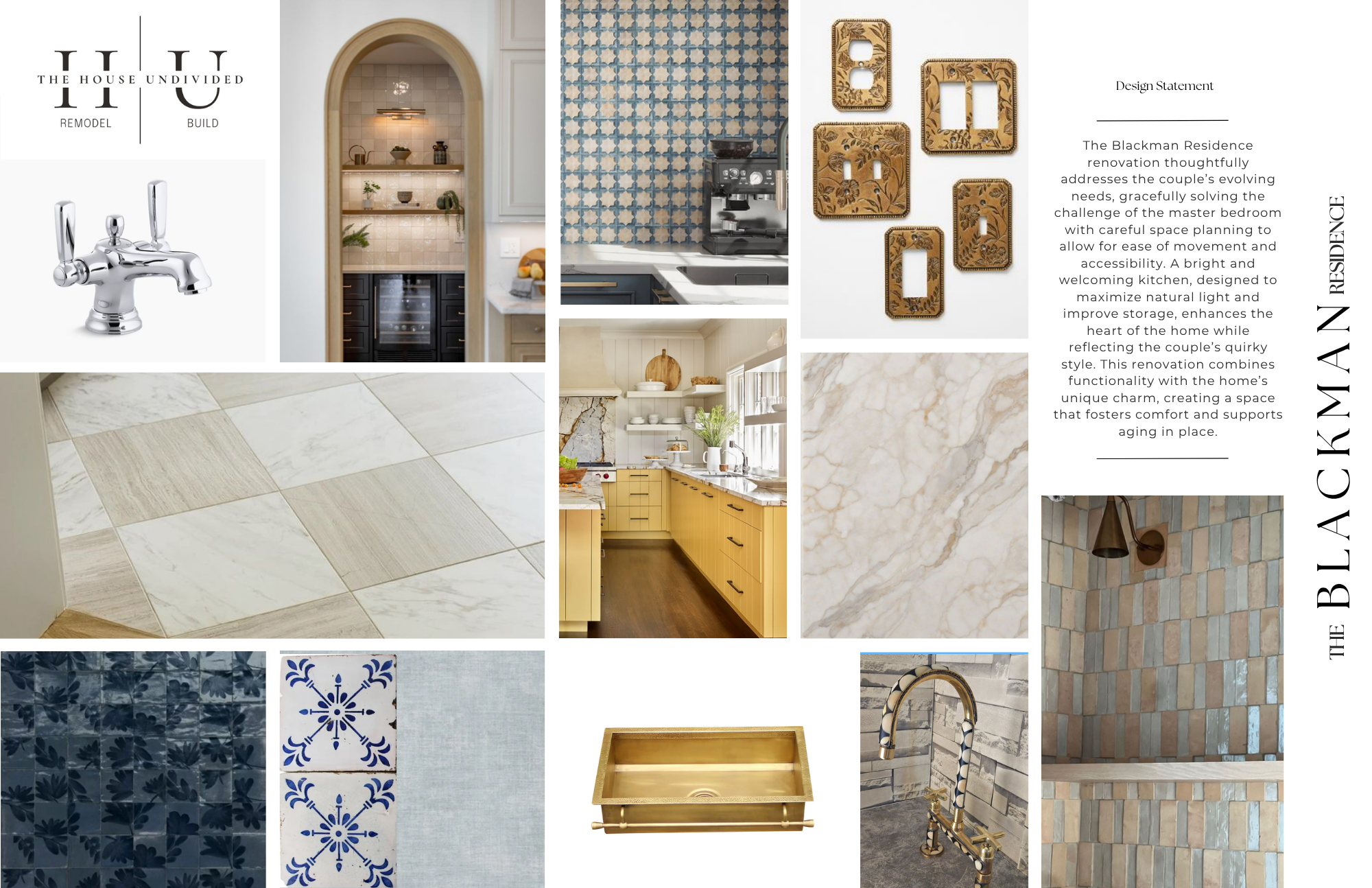 Design mood board and layout for a kitchen renovation, featuring tile samples, cabinet images, decorative hardware, and faucet fixtures.