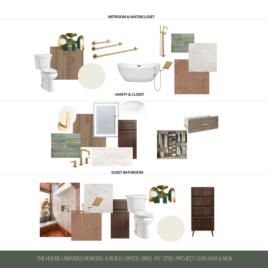 Design board showing materials and fixtures for wetroom and water closet, vanity and closet, guest bathroom, including tiles, cabinetry, faucets, and decor.
