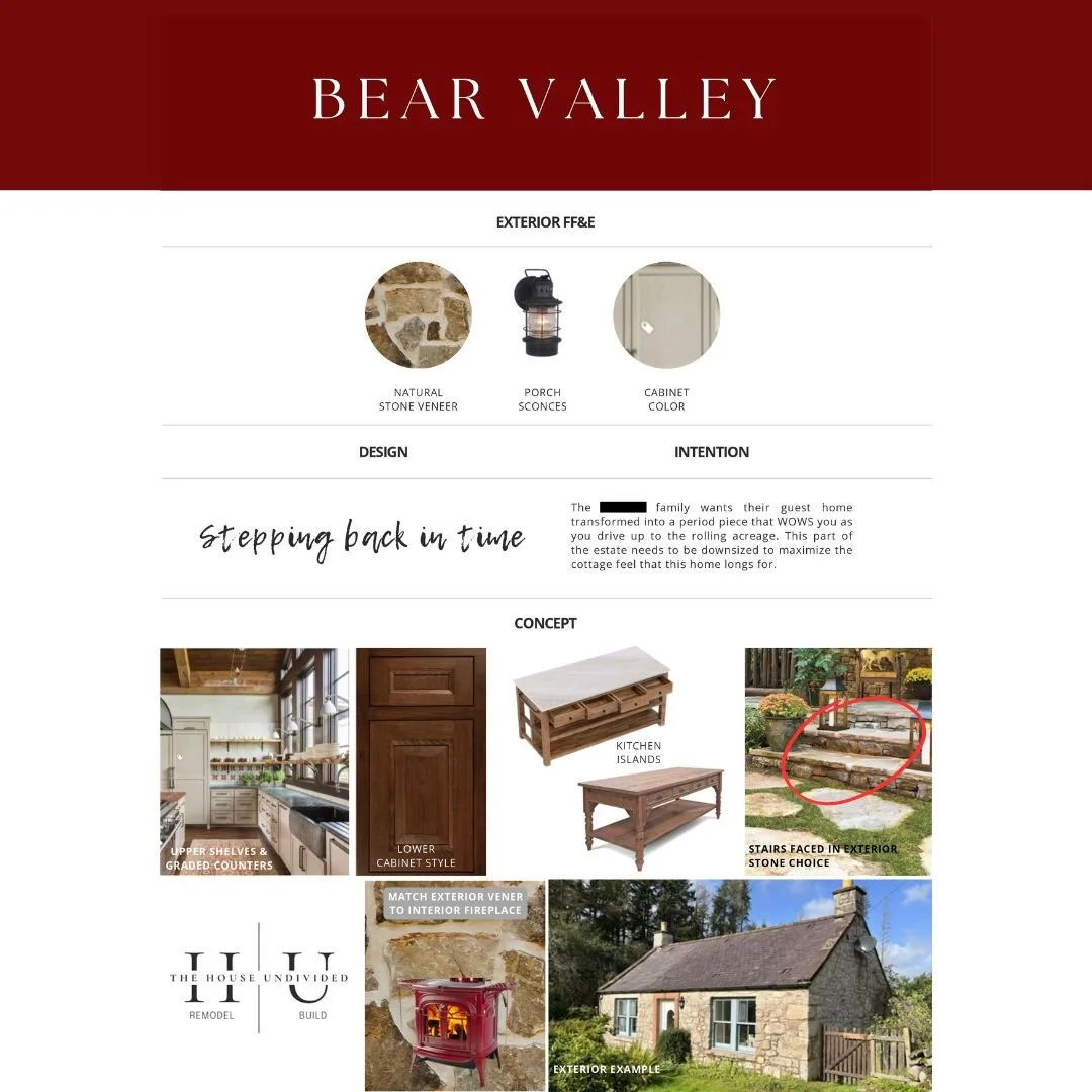 Design Board for Bear Valley home featuring interior and exterior concepts, including natural stone veneer, porch sconces, cabinet color, kitchen islands, stone stairs, exterior fireplace matching interior veneer, and an exterior house example.