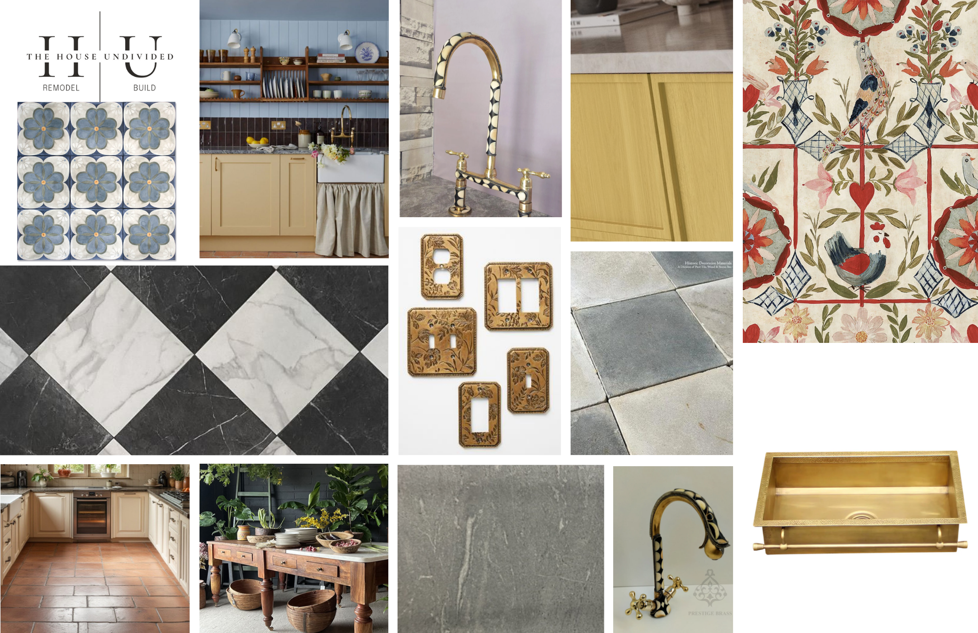 A collage of interior design and renovation materials, including patterned tiles, a kitchen with cream cabinets and terracotta flooring, open shelving with dishware, a vintage gold faucet, decorative hardware, colorful wall tiles, painted wooden pane