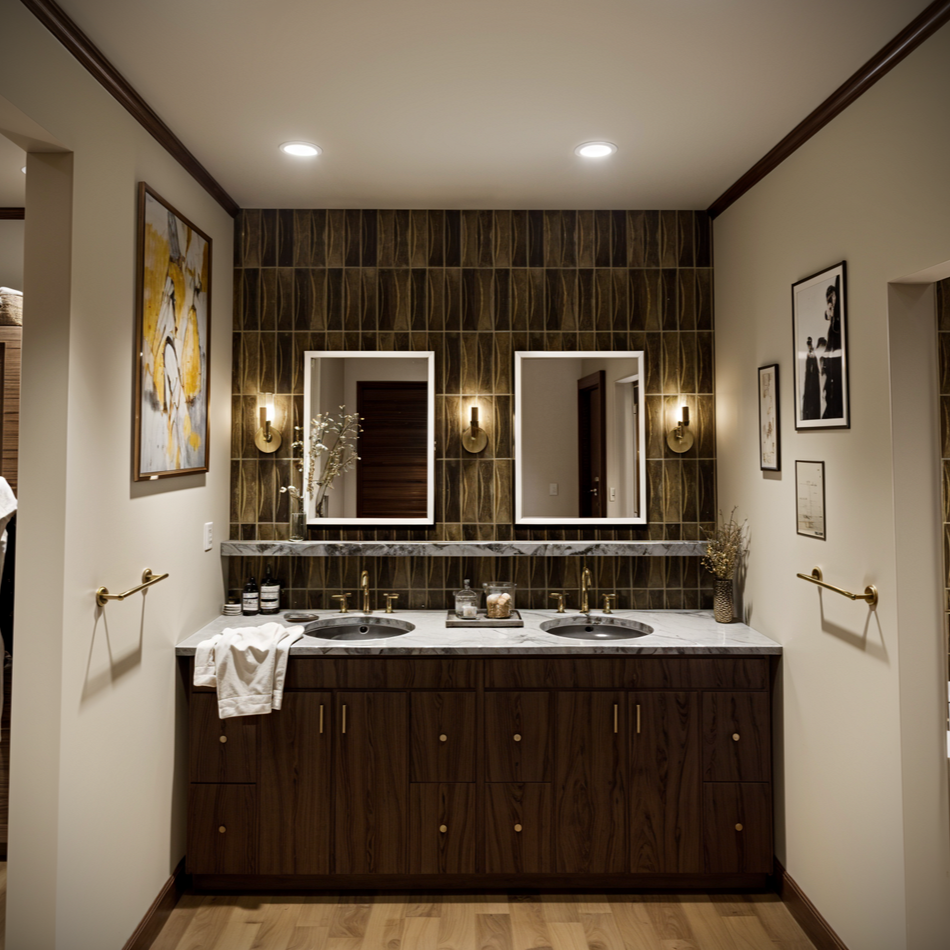 Bathroom with dual sinks, marble countertop, framed mirrors, dark wood cabinets, wall sconces, decorative art, and beige walls.