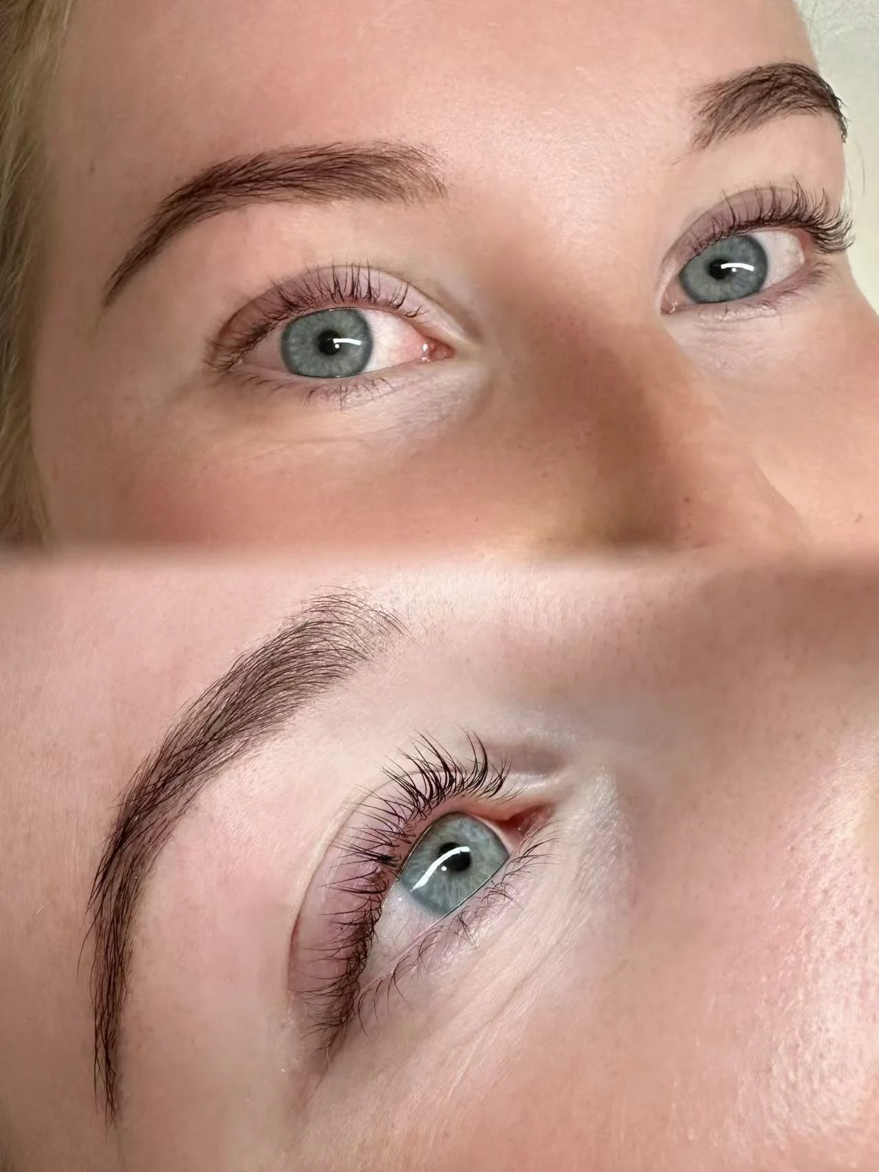 Close-up of a person's eyes, showing blue irises, light make-up, and well-groomed eyebrows. The image is mirrored, creating a symmetrical, artistic effect.