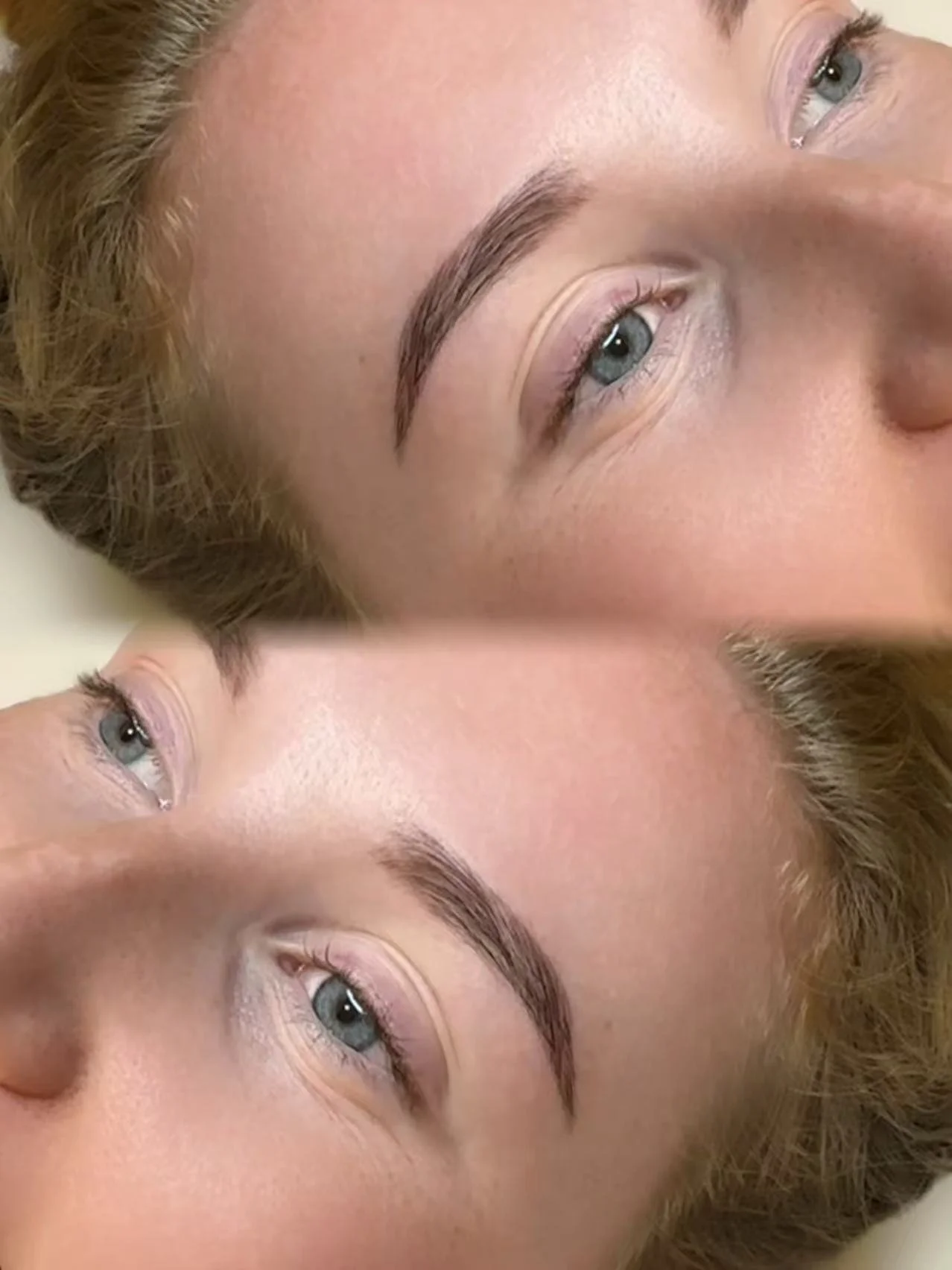 Close-up of a woman's face with well-defined eyebrows and blue eyes, with a second, flipped image of her face below.