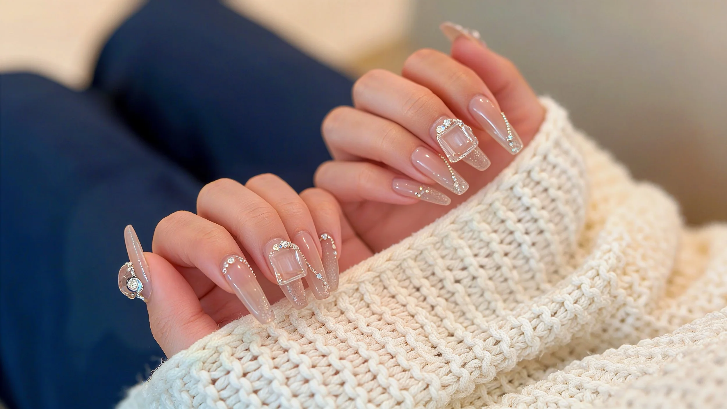 Close-up of hands with long, decorated acrylic nails resting on a cream knit sweater.