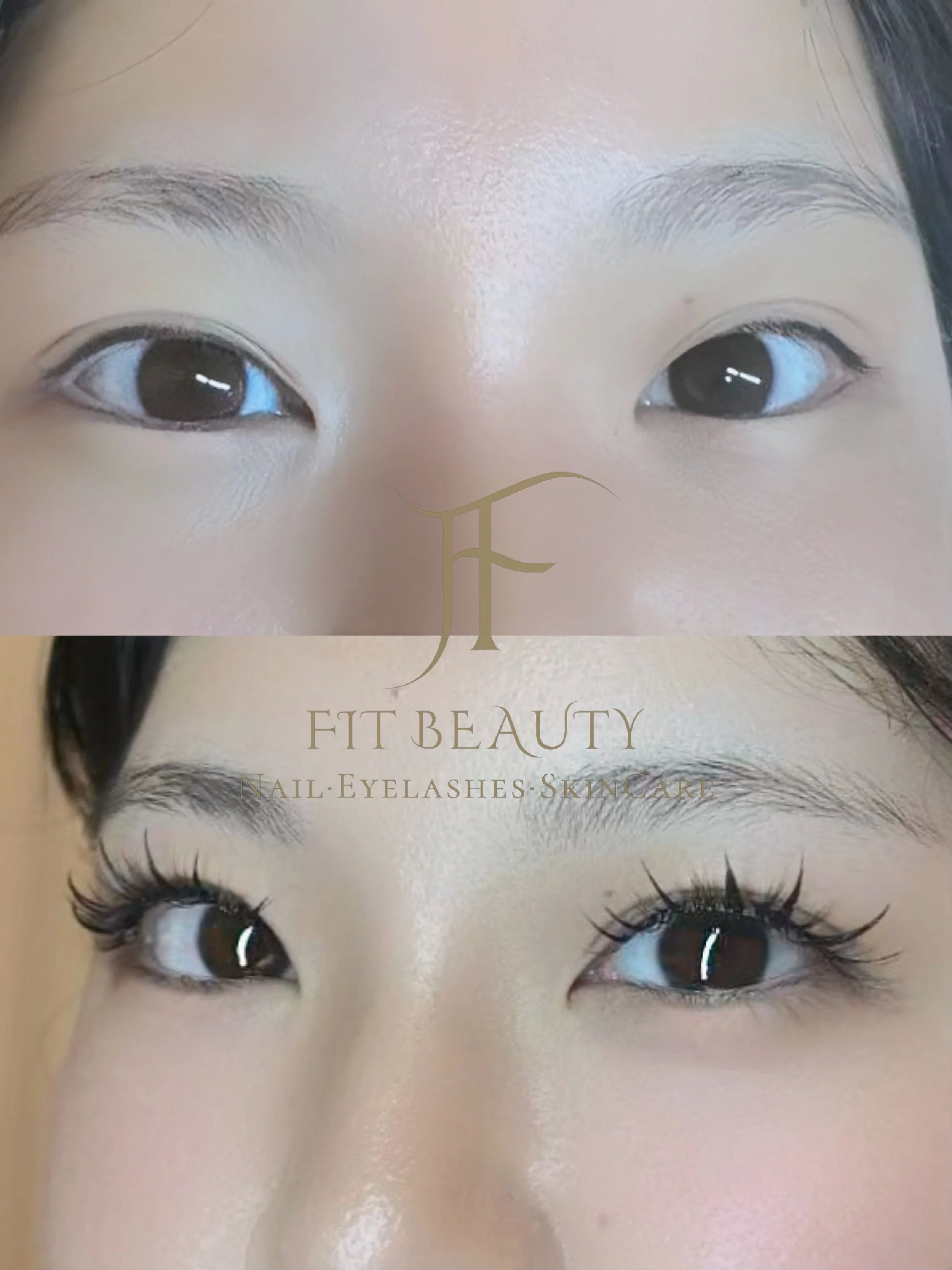 Close-up of a woman's face focusing on her eyes, eyebrows, and partial forehead, with a logo and text for 'Fit Beauty Nail, Eyelashes, Skincare' overlaid on the image.