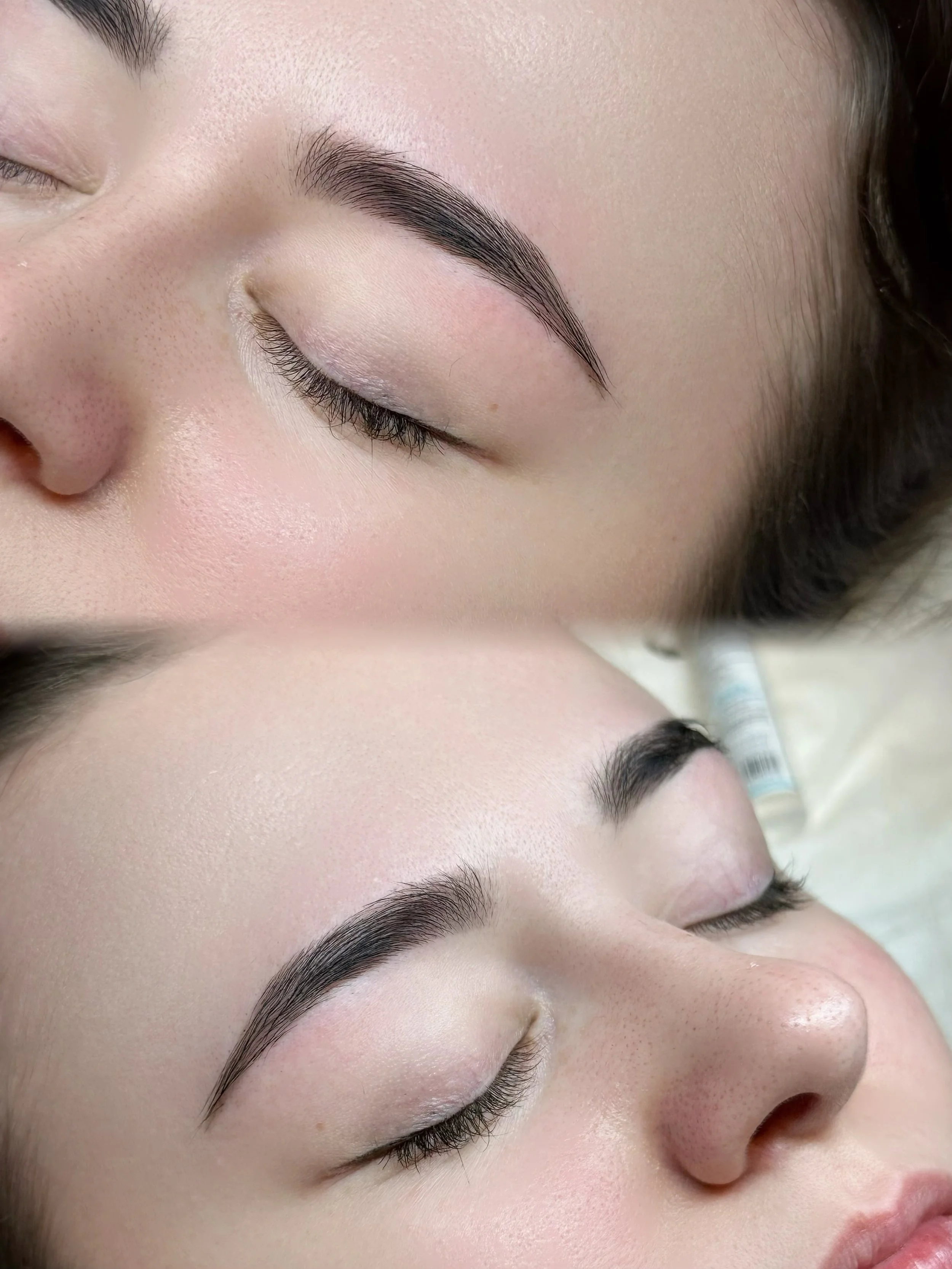 Close-up of a woman's face showing her closed eye, well-groomed eyebrow, smooth skin, and part of her nose and lips.
