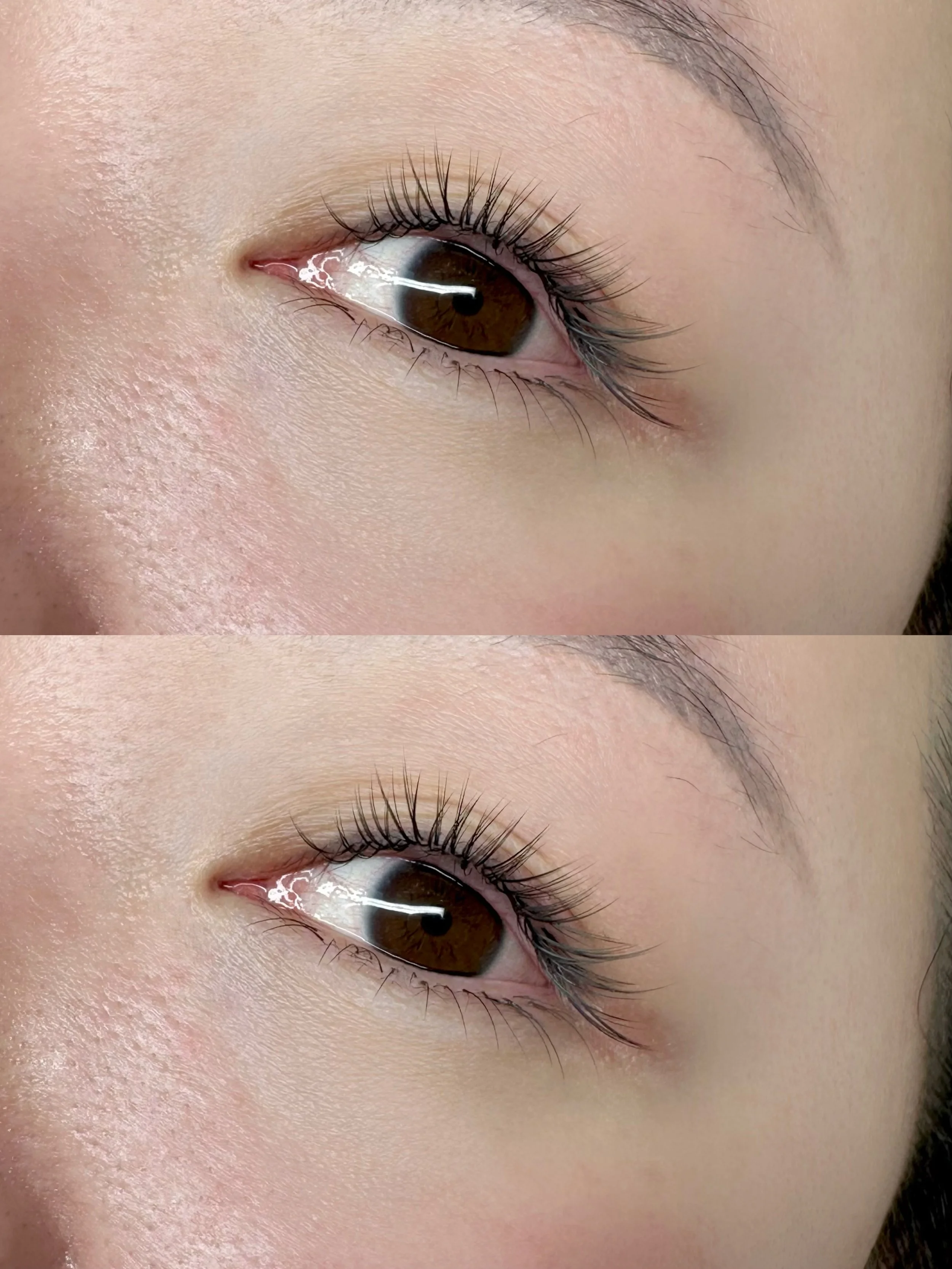 Close-up image of a person's eye, with brown iris, long eyelashes, and smooth skin around the eye area.