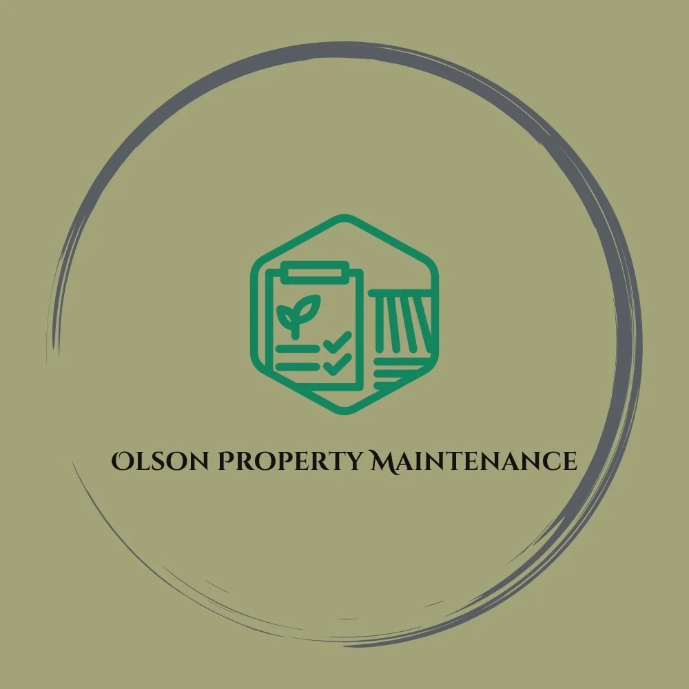 Logo for Olson Property Maintenance featuring a house outline, a leaf with checkmarks, and a bar graph on a green background.