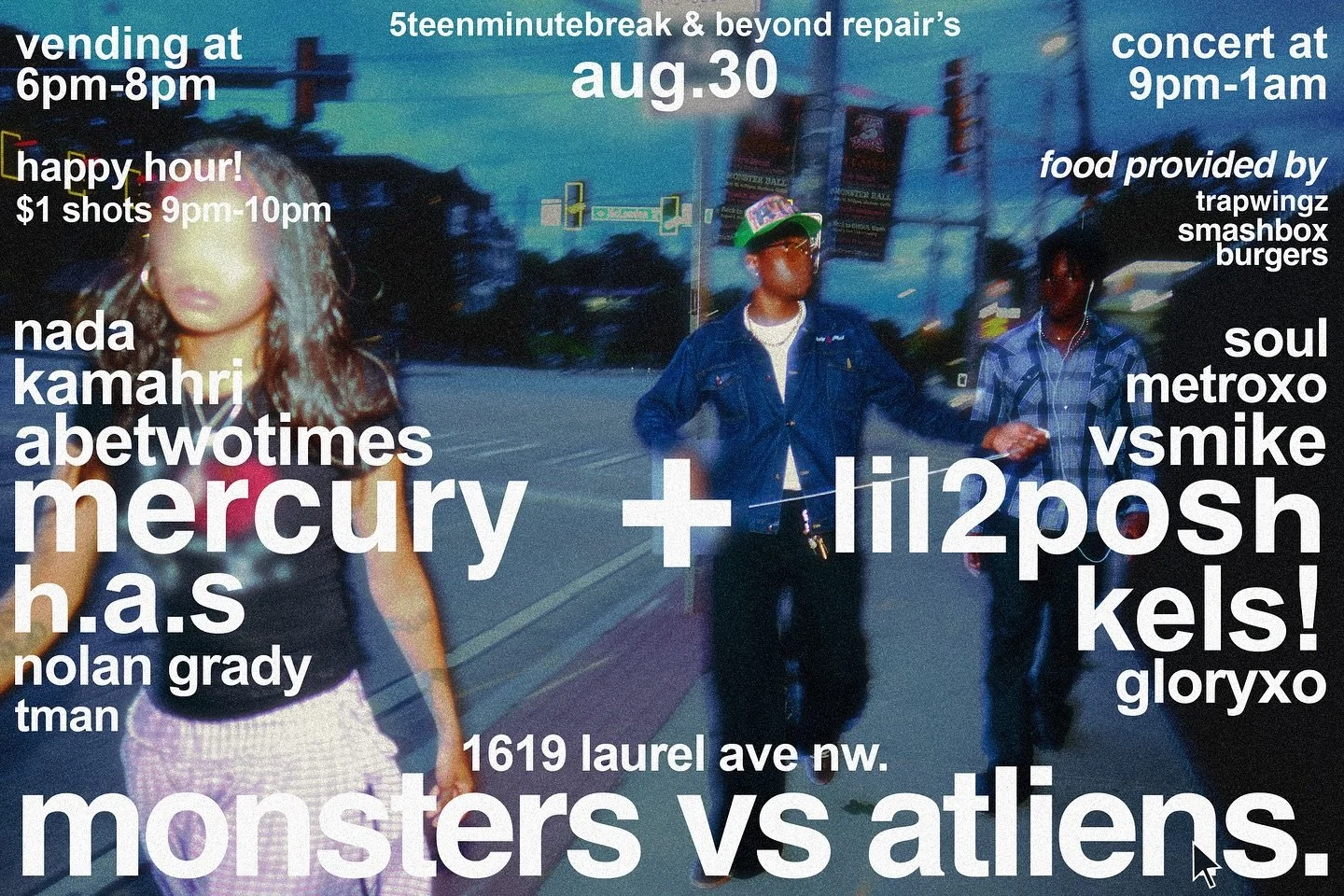 MONSTERS VS ATLIENS - THIS SATURDAY!!! 

☆featuring @magicallymerc @lil2posh and @hatekels 

☆pop up begins at 6pm ☆ concert from 9pm - 1am
happy hour $1 shots from 9pm-11pm

featured vendors: 
@beyondrepair.us @nitrostudioss @waveywakaruofficial @fu