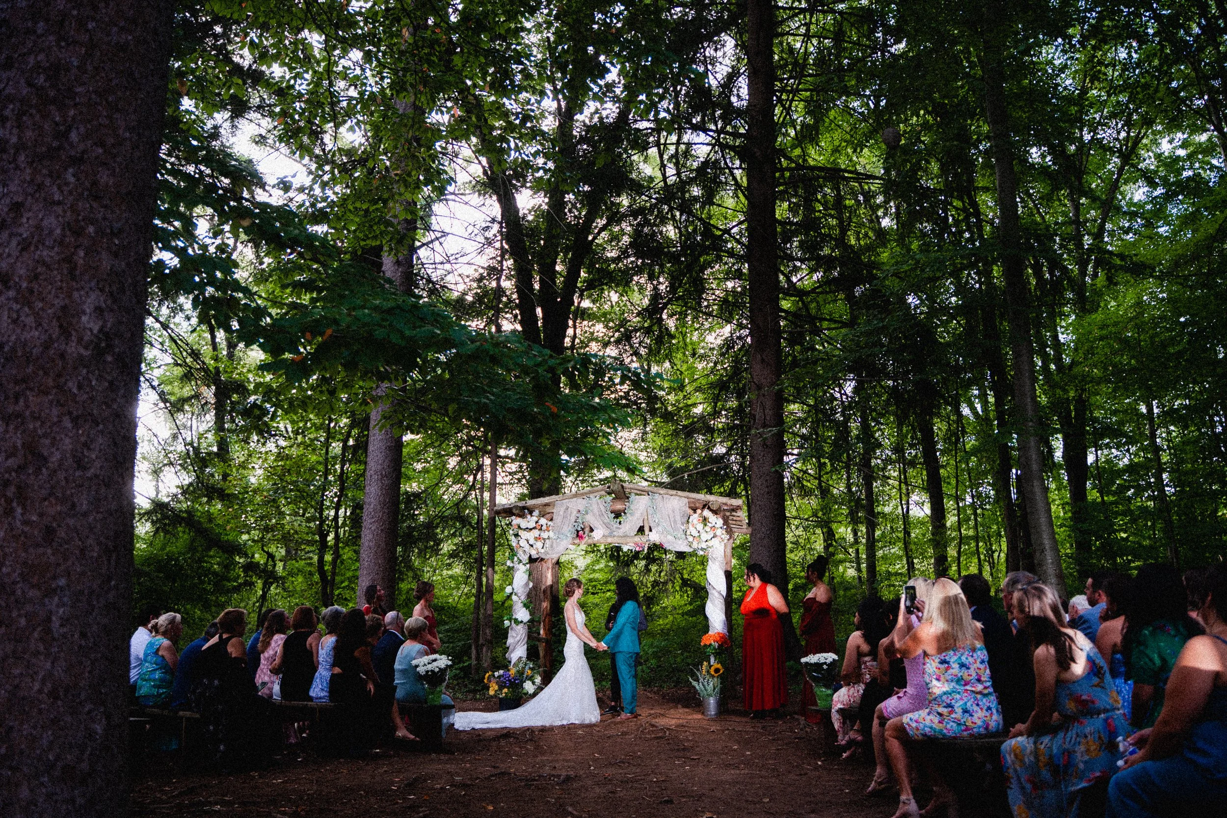 A serene wedding ceremony set in a lush forest, with guests seated on wooden benches surrounded by trees.