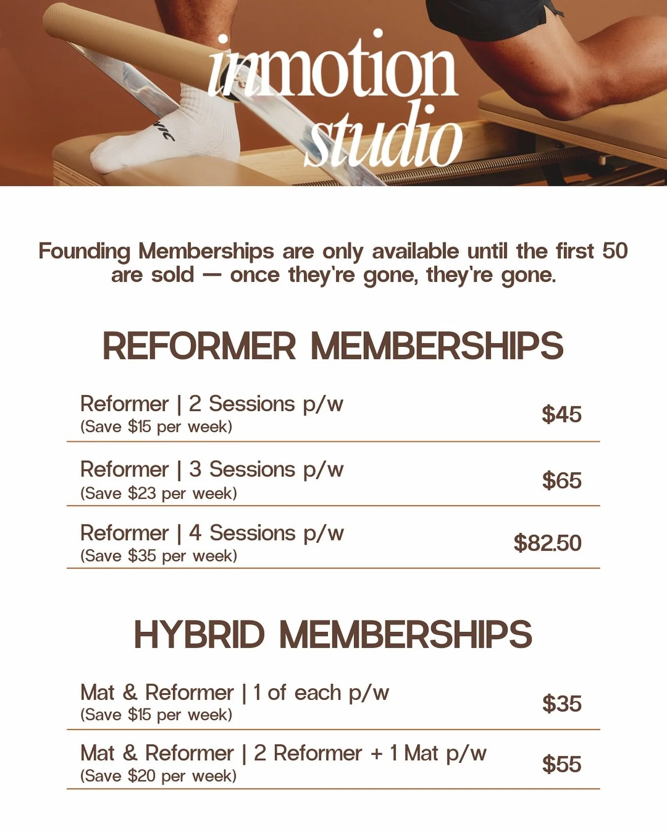 Our first drop of Memberships is here!

For the very first time, we&rsquo;re opening up Founding Memberships at In Motion Studio.
 This is your chance to lock in our best rates for life and move with us on the regular.

Choose the option that fits yo