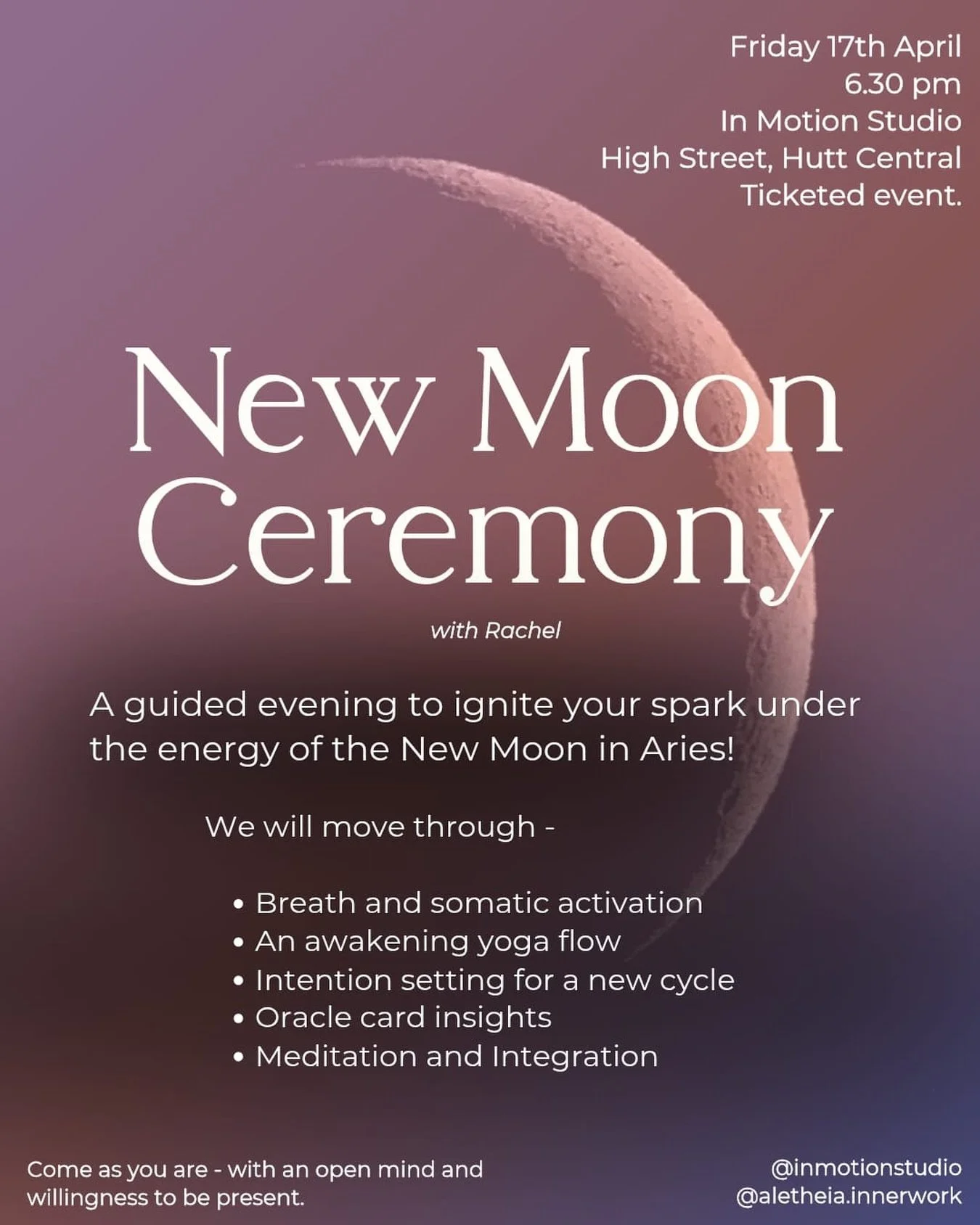 This Friday 🌑✨

The new moon is back&hellip; and so is Rachel 🤍 After such a beautiful first evening, we couldn&rsquo;t wait to do it all again.

Join us for another wholesome night to reset, reflect, and welcome in a new cycle 🌙
 This time, the e