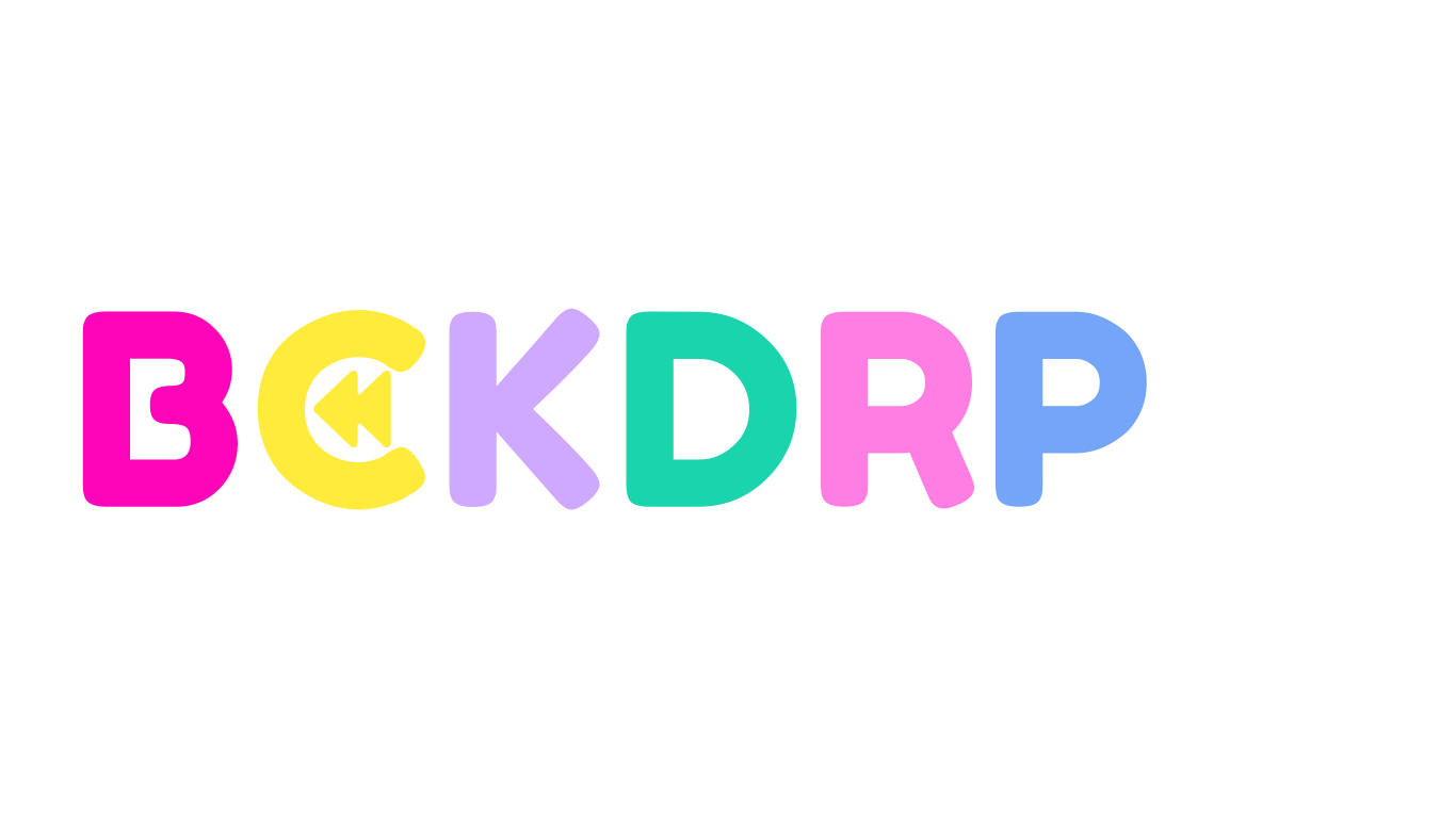 Colorful text spelling BACK DROP  BCKDRP with a playful arrow design inside the letter C.