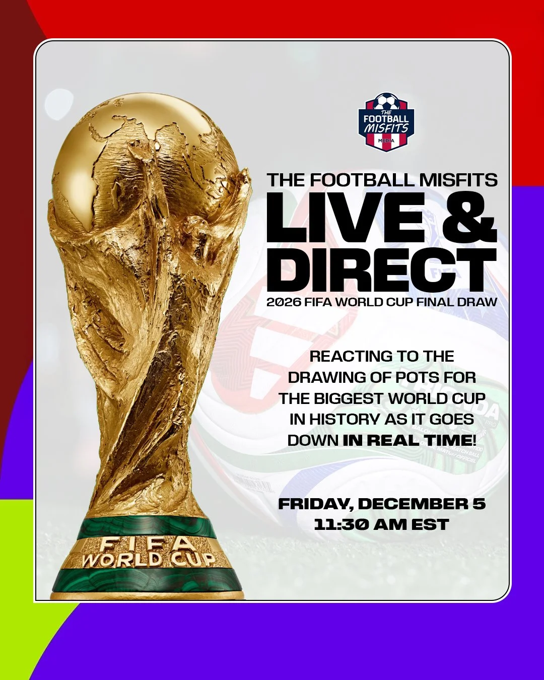 You know we HAD to bring back #FootyMisfits LIVE &amp; DIRECT for the 2026 FIFA World Cup Final Draw! We'll react with @campfire_football as the groups are drawn and the Village People hit that YMCA!

Check us out on Instagram Live tomorrow morning/a