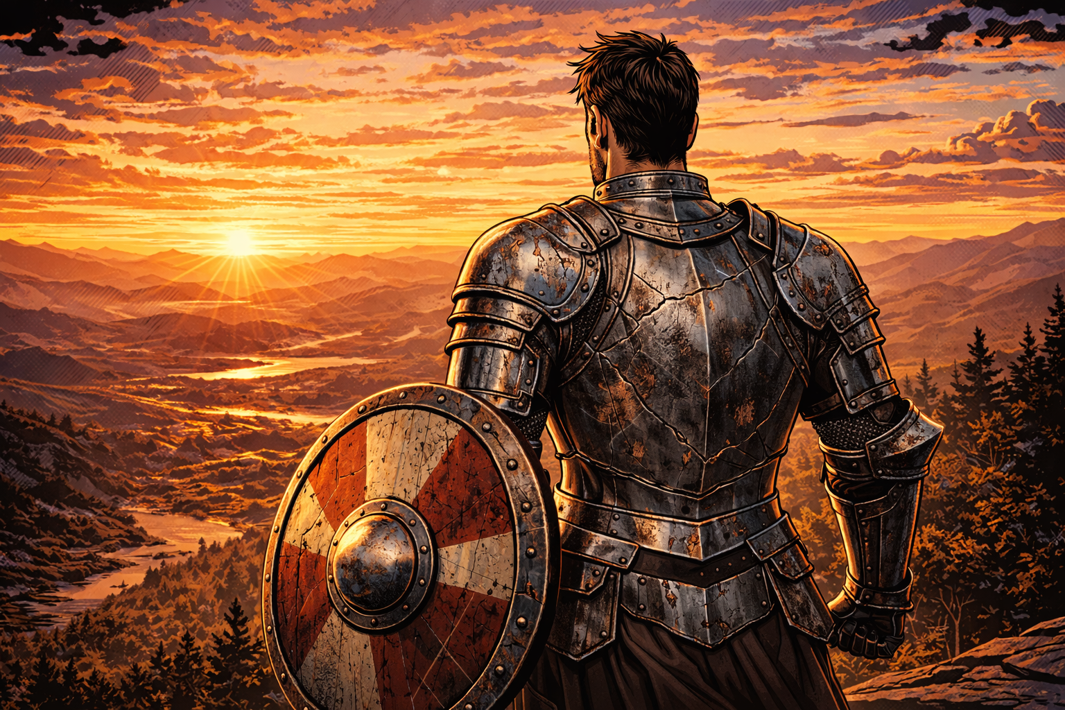 Person with a backpack watching a mountain and valley view above clouds at sunrise or sunset.