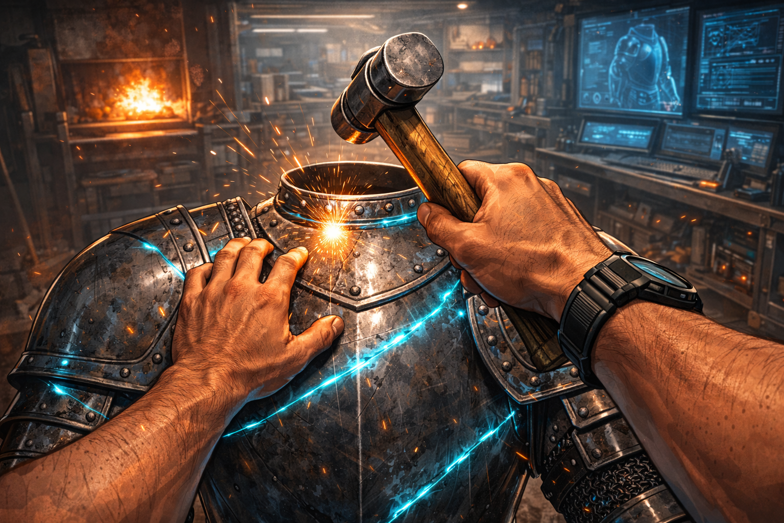 Close-up of a medieval suit of armor with detailed engravings and brass accents.